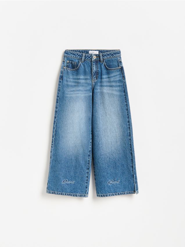 Reserved - Jeansy super wide leg z haftem - niebieski