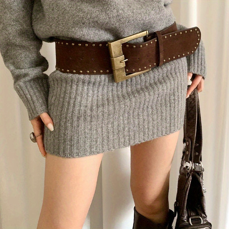 TEMU Damski Wintageowy Brązowy Pasek z Dużym Nitami - Szeroka Klamra Retro Akcesorium do Stylizacji, Idealny na Codzienne, Casualowe i Wieczorowe