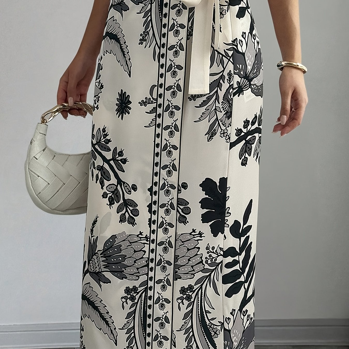 TEMU Elegancka Spódnica Prosta z Kwiatowym Nadrukiem i Wiązaniem, Styl Wakacyjny dla Kobiet