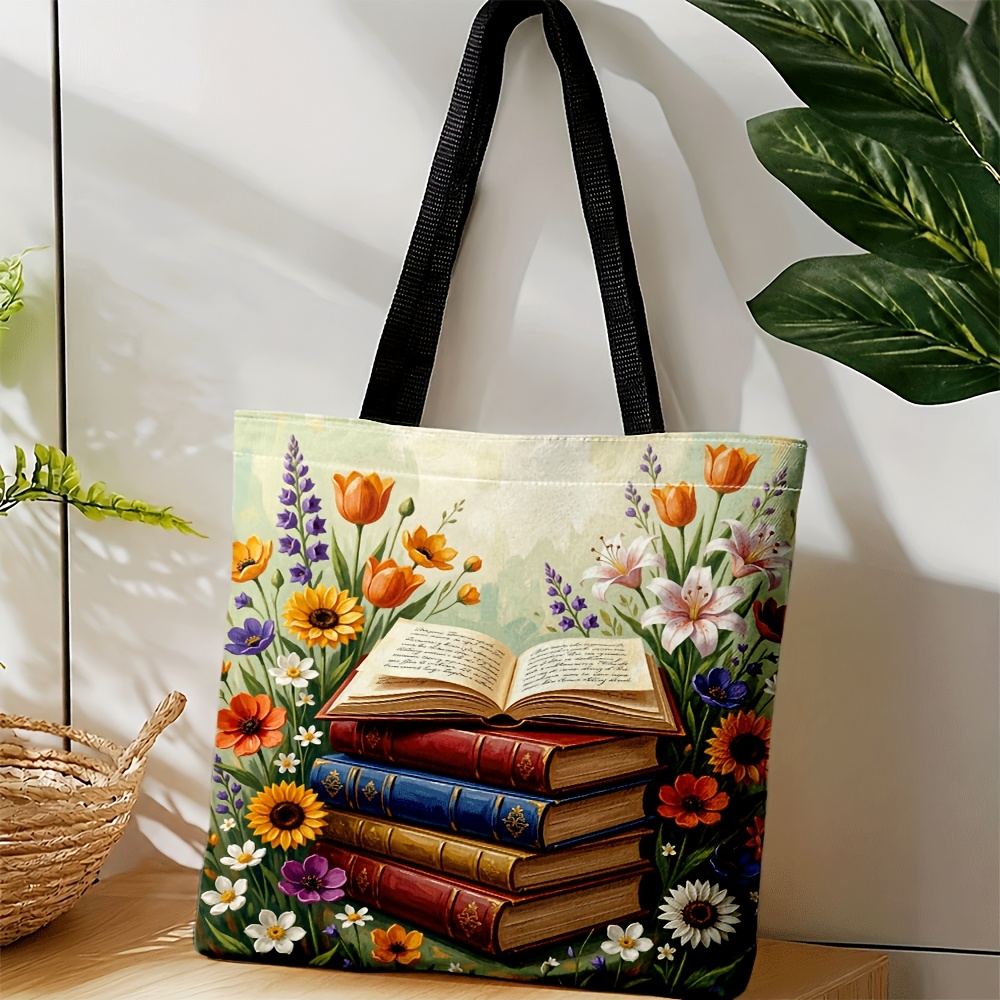 TEMU Torba crossbody i torebka dla kobiet i mężczyzn, w stylu malarstwa olejnego, z motywem książki i kwiatowym nadrukiem, duża torba unisex na