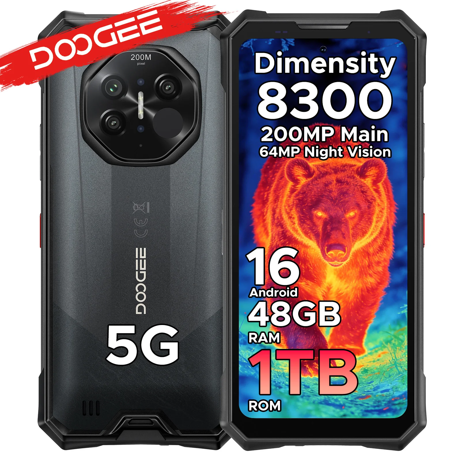 DOOGEE S300 Plus Termowizyjny Telefon Wzmocniony 5G z Termowizją, Procesor Dimensity 8300, Ekran 6.78 cala, Kamera AI 200MP, 48GB (12+36) RAM, 1TB ROM, Bateria 11000mAh, Android 16, Szybkie Ładowanie 12GB 1TB Black