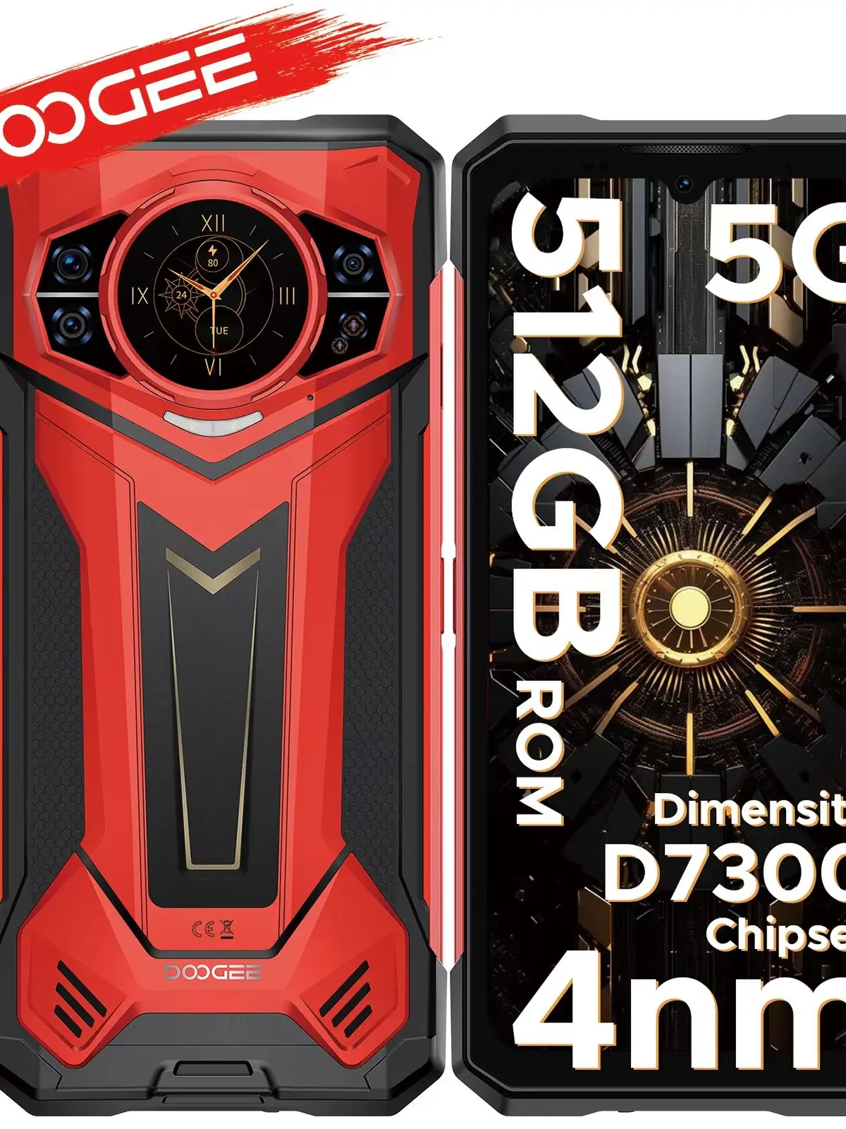 Doogee S200 Plus 5G, wytrzymały telefon z funkcją AI, 32 GB (12 GB RAM + 20 GB pamięci wewnętrznej), 512 GB, procesor Dimensity 7300, telefon do gier, 1,32-calowy wyświetlacz, główny ekran. 12Gb 512Gb Gold