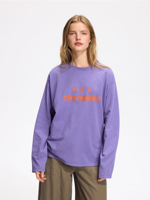 Reserved - Bawełniany longsleeve z nadrukiem - fioletowy