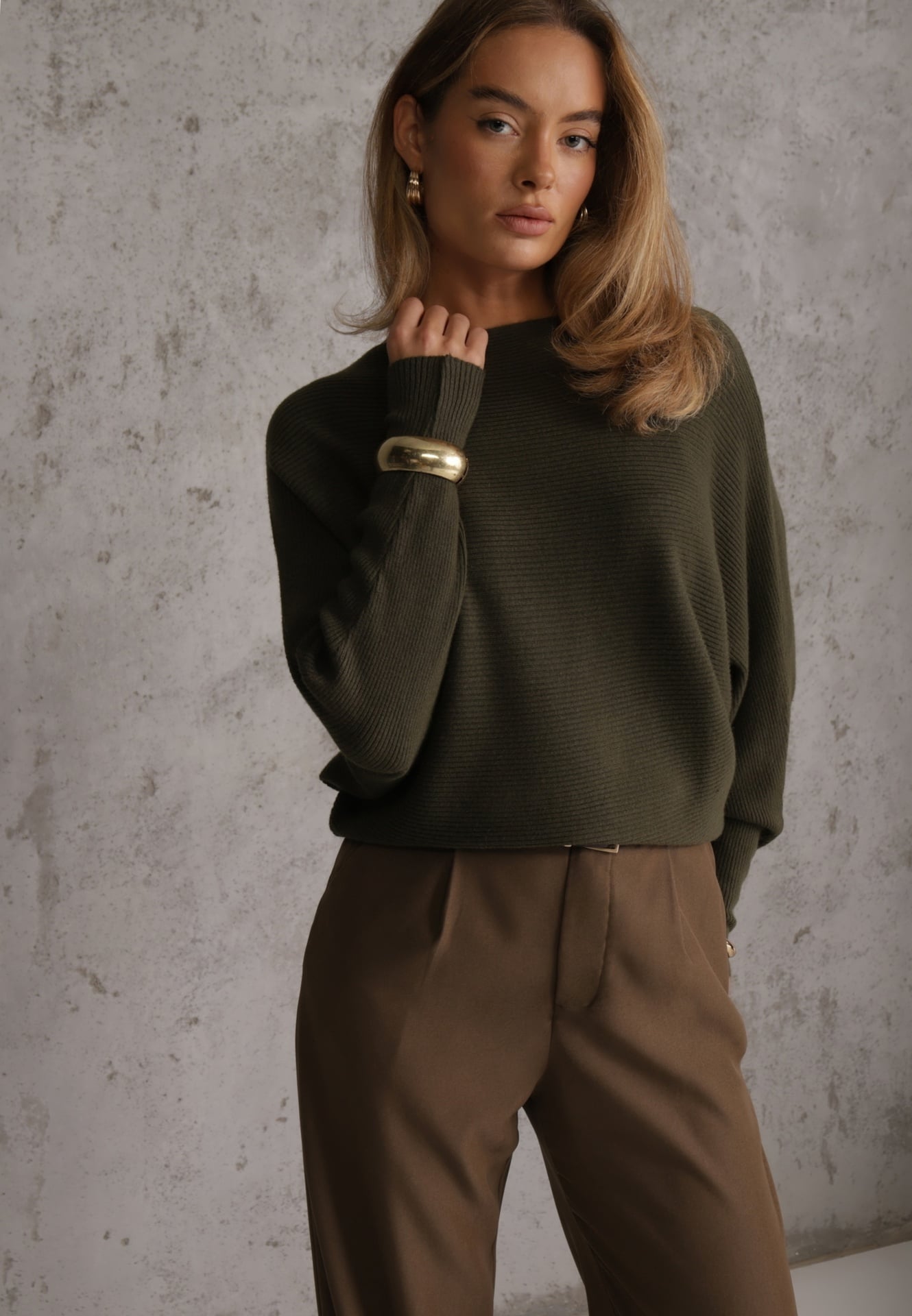 Ciemnozielony Basic Sweter Nietoperz z Wiskozą Rosanel
