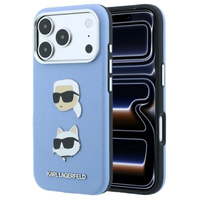 Karl Lagerfeld Etui Saffiano with Karl & Choupette Heads Pins & Logo do Apple iPhone 17 Pro/18 Pro Jasnoniebieski KLHCP18LPSWFDHPB