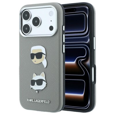 Karl Lagerfeld Etui Saffiano with Karl & Choupette Heads Pins & Logo do Apple iPhone 17 Pro Max/18 Pro Max Szary KLHCP18XPSWFDHPG