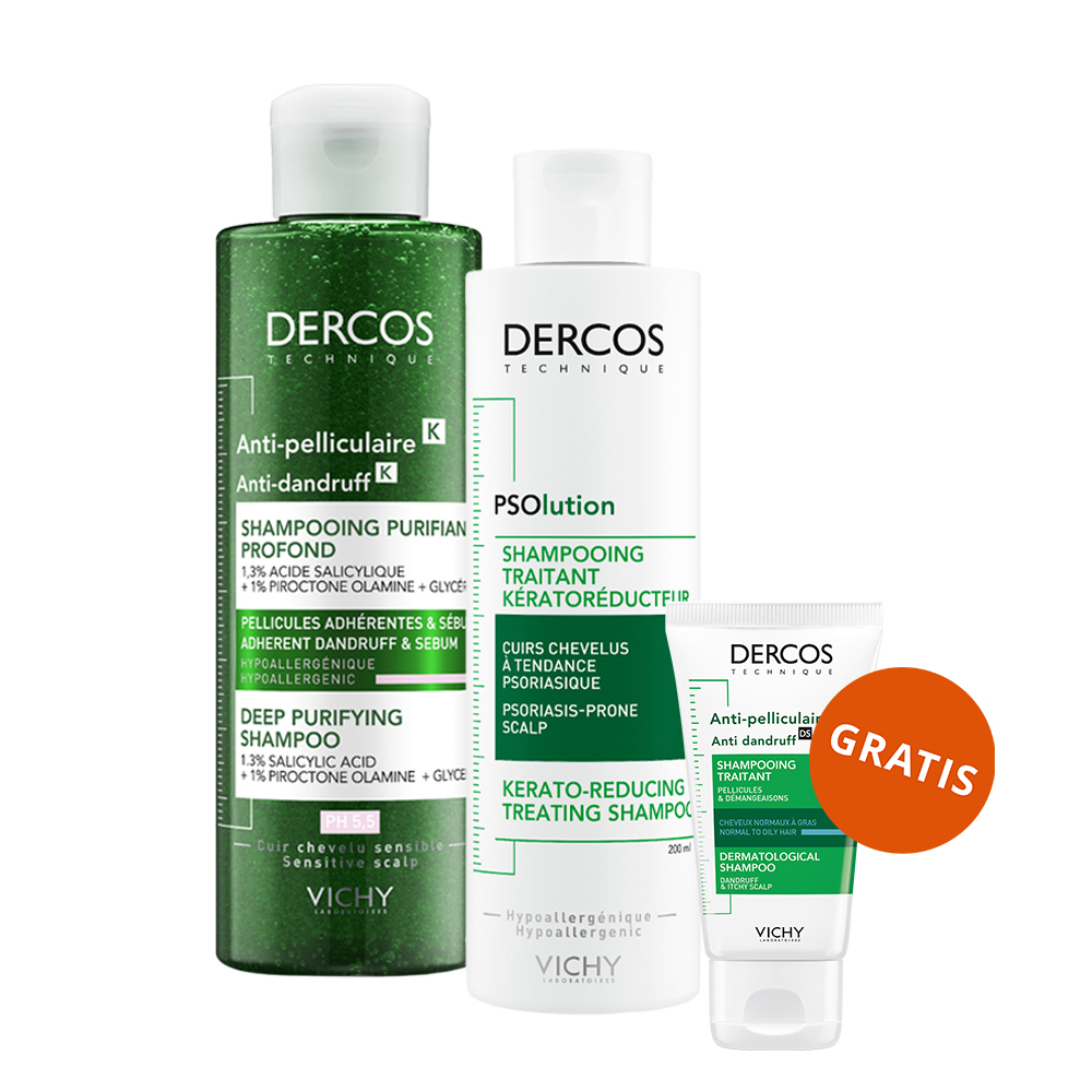 Zestaw Vichy Dercos Anti Dandruff K, przeciwłupieżowy szampon peelingujący, 250 ml + szampon keratolityczny, 200 ml + szampon przeciwłupieżowy, 50 ml gratis