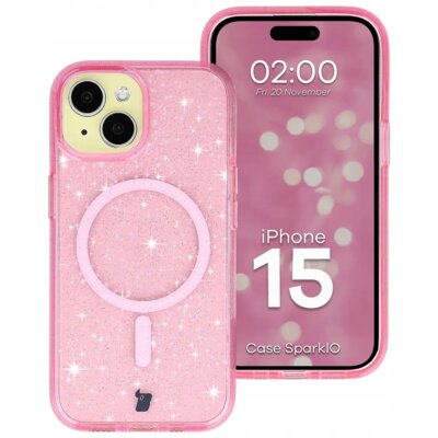BIZON Etui Case SparklO MagSafe do Apple iPhone 15 Przezroczysto-różowy
