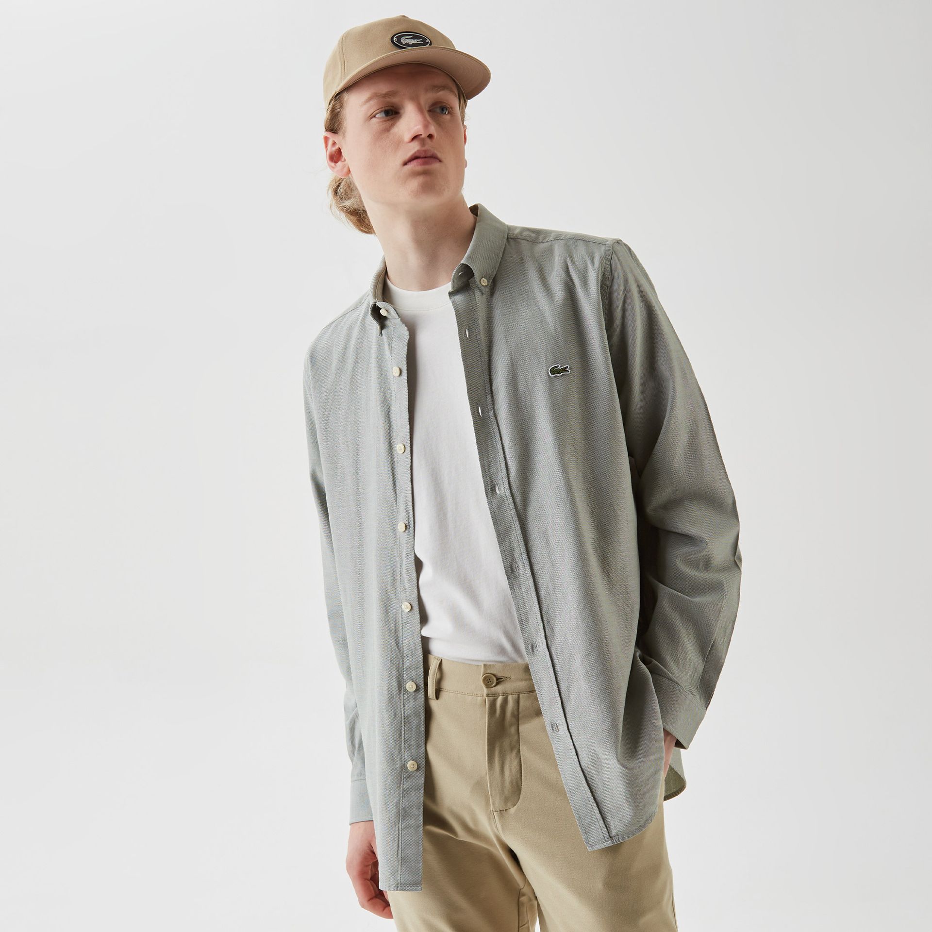 Lacoste Koszula Męska Button-Down Slim Fit Zielona Zielony