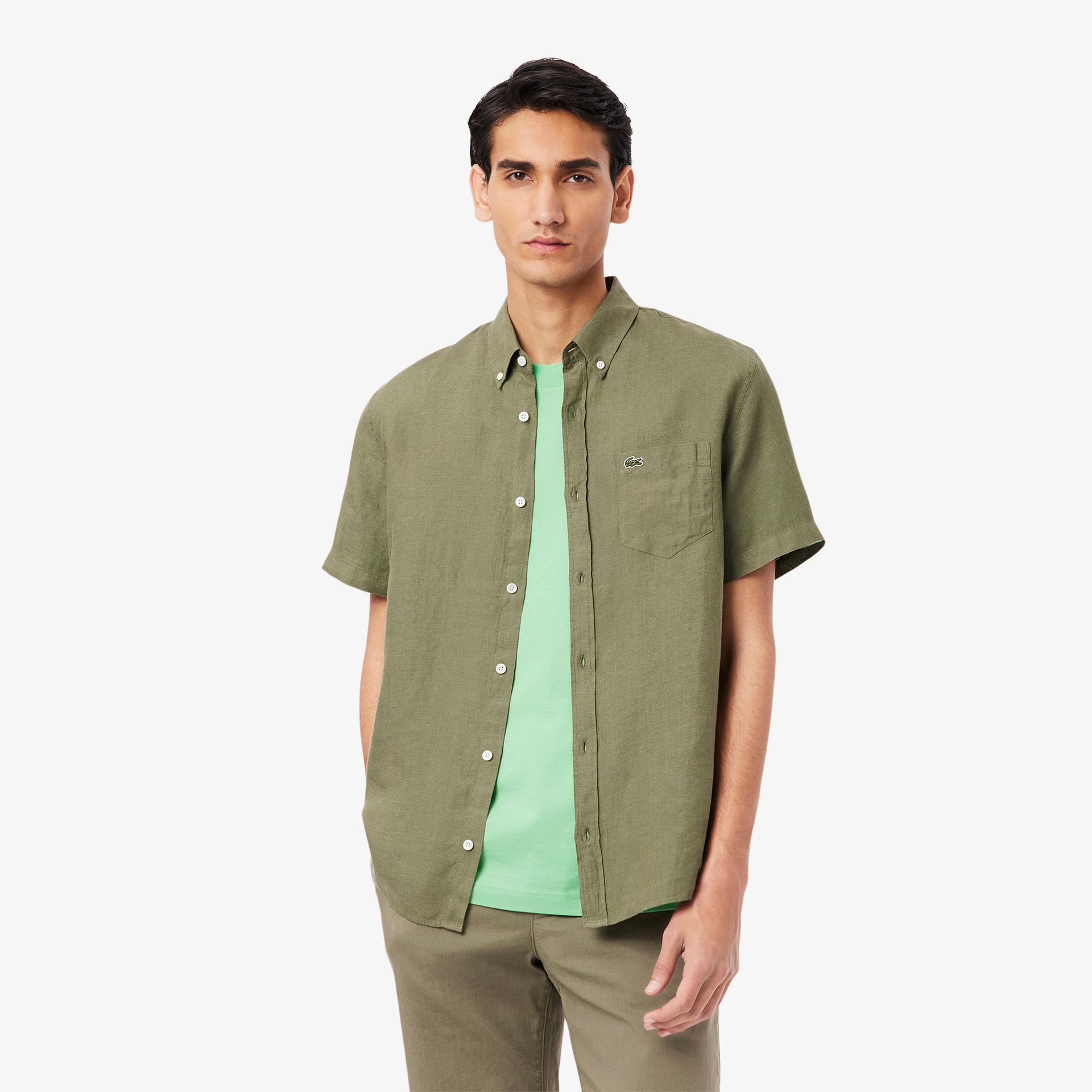 Lacoste Lniana Koszula Męska Button-Down Z Krótkim Rękawem Regular Fit Khaki Zielony
