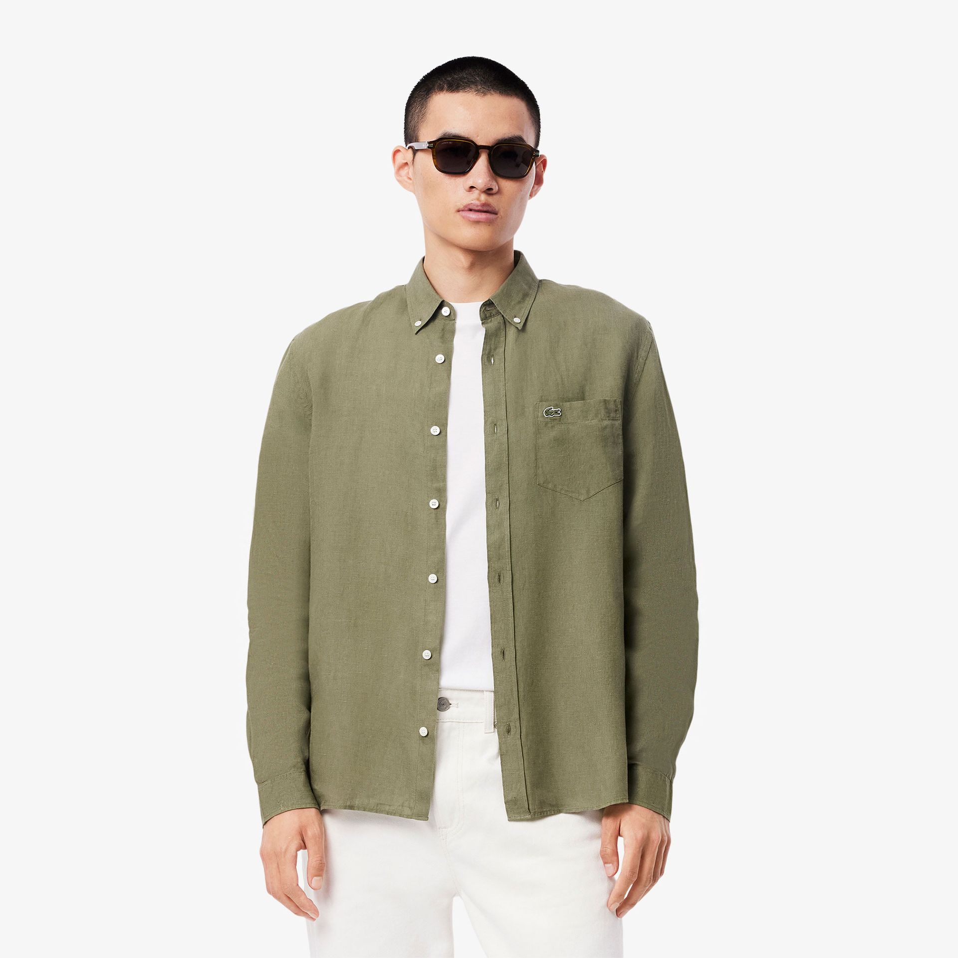 Lacoste Lniana Koszula Męska Button-Down Regular Fit Khaki Zielony