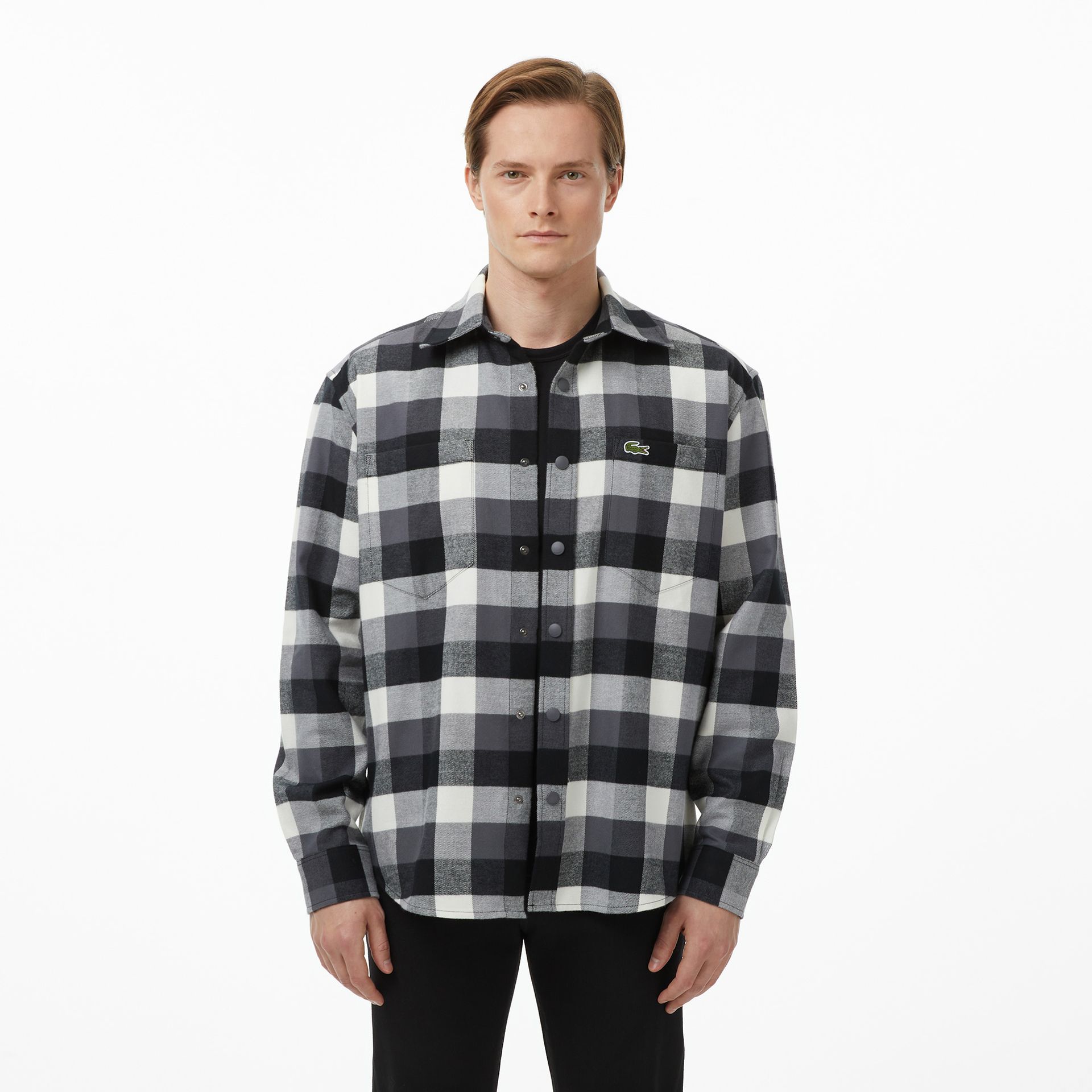 Lacoste Koszula Męska W Kratę Relaxed Fit Czarna Czarny