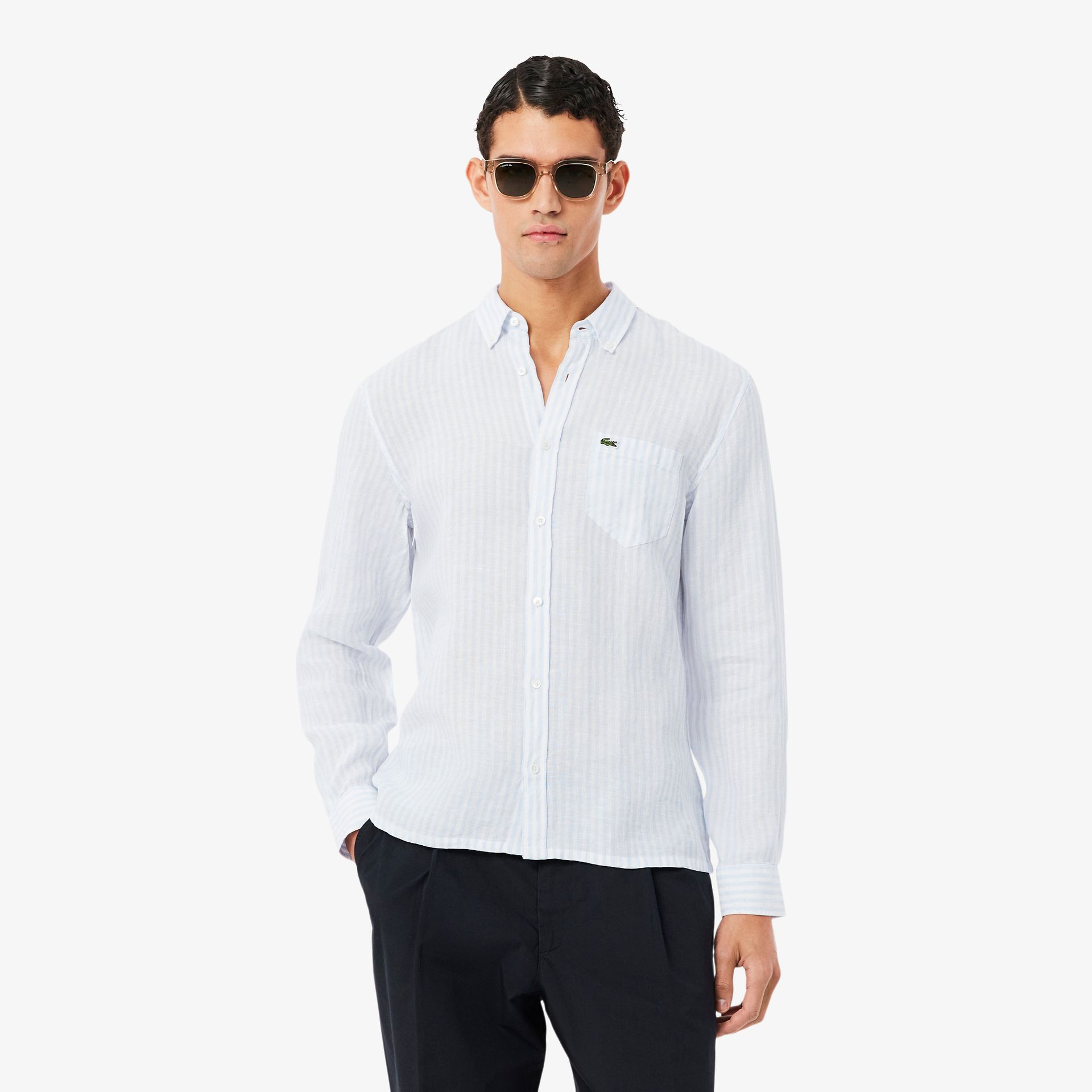 Lacoste Lniana Koszula Męska Button-Down W Paski Regular Fit Niebieska Niebieski