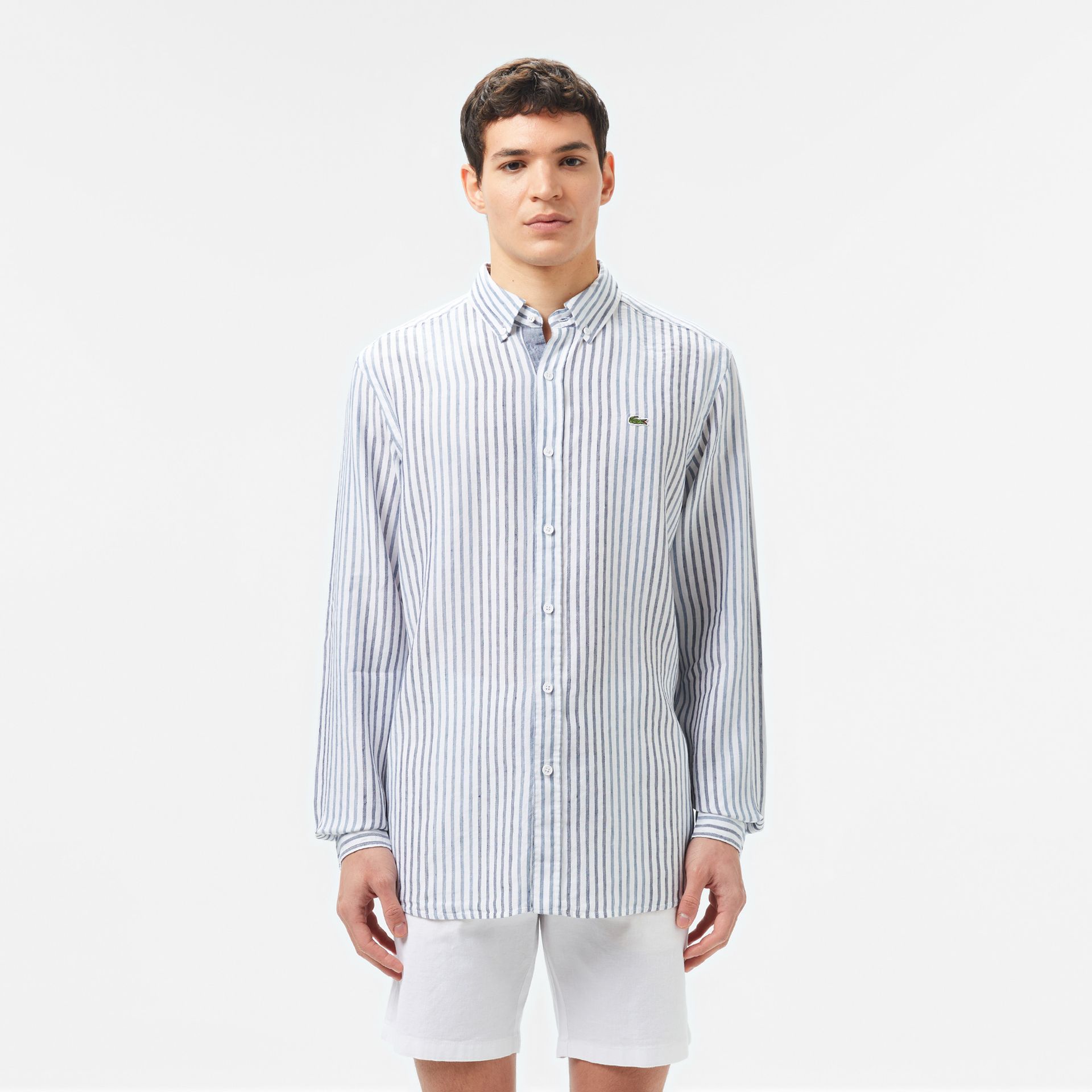 Lacoste Lniana Koszula Męska W Paski Regular Fit Ciemnoniebieska Niebieski