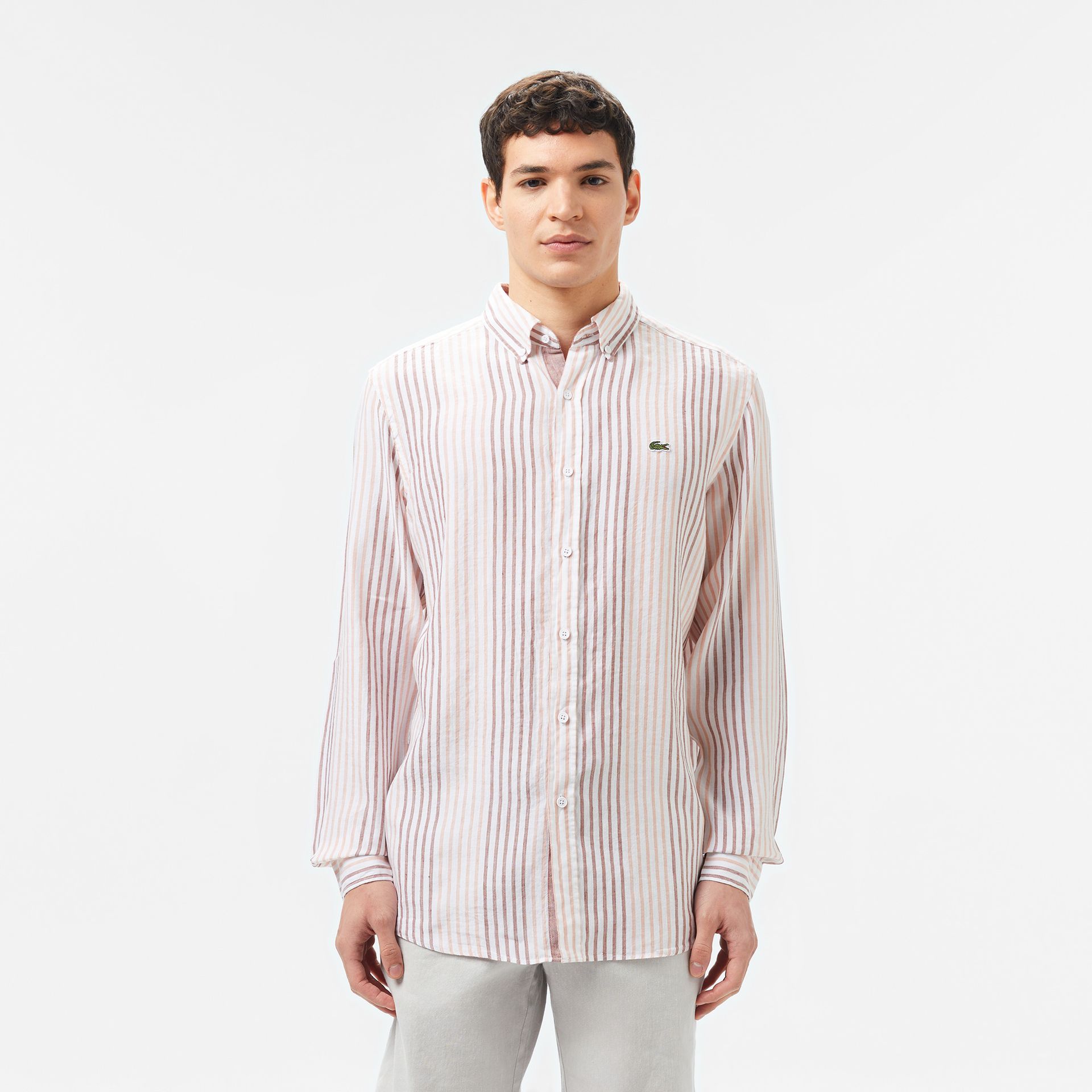 Lacoste Lniana Koszula Męska W Paski Regular Fit Brązowa Brązowy