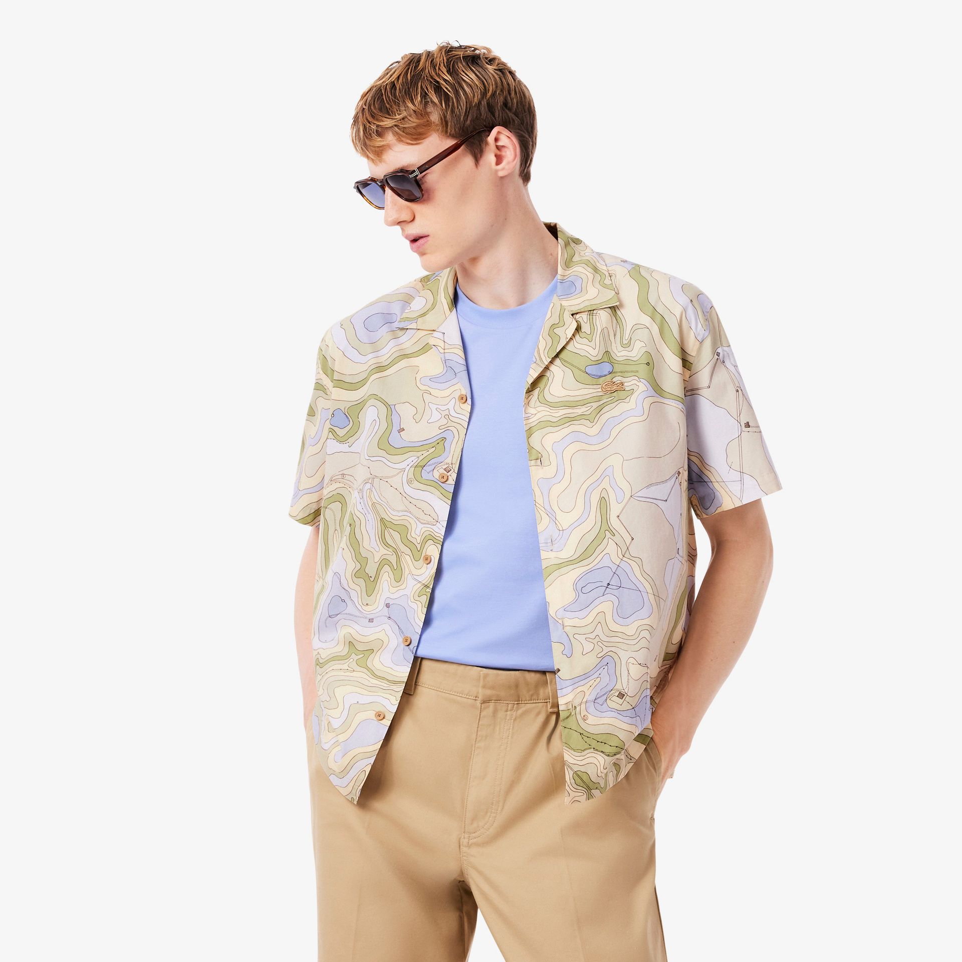 Lacoste Koszula Męska Z Krótkim Rękawem Ze Wzorem Relaxed Fit Beżowa Beżowy