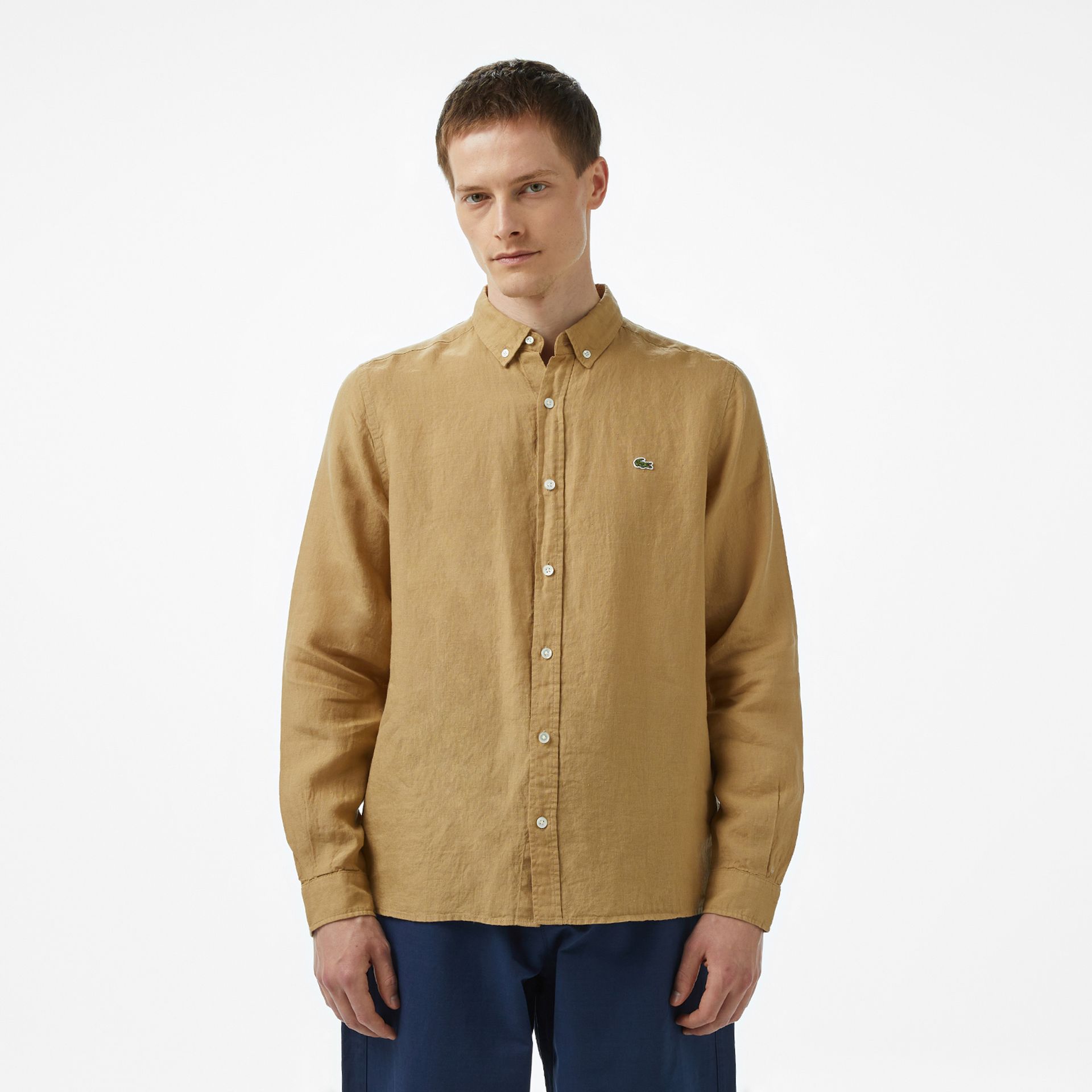 Lacoste Lniana Koszula Męska Button-Down Regular Fit Beżowa Beżowy