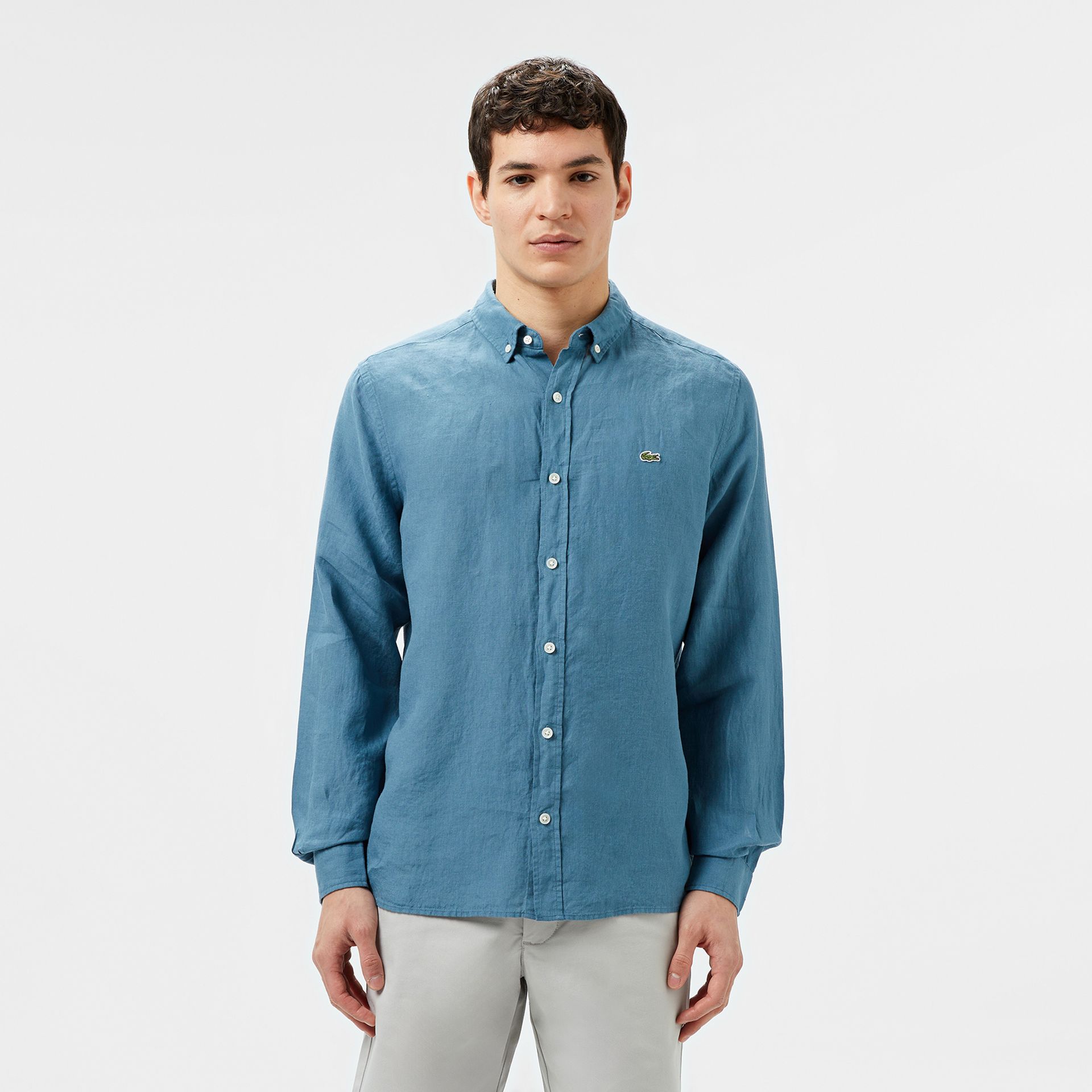 Lacoste Lniana Koszula Męska Button-Down Regular Fit Niebieska Niebieski