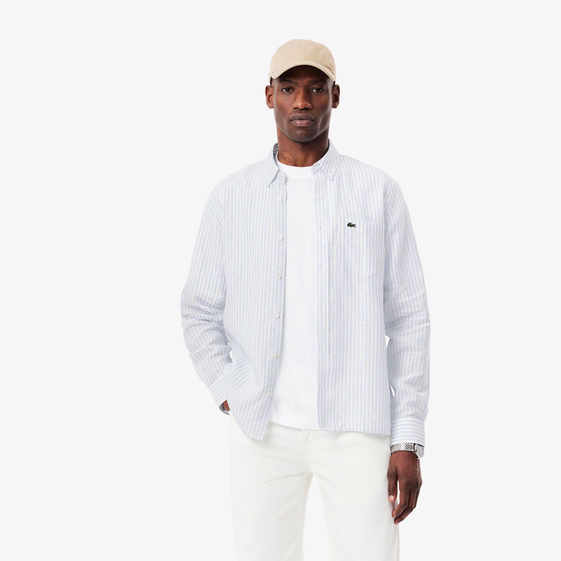Lacoste Lniana Koszula W Paski Regular Fit