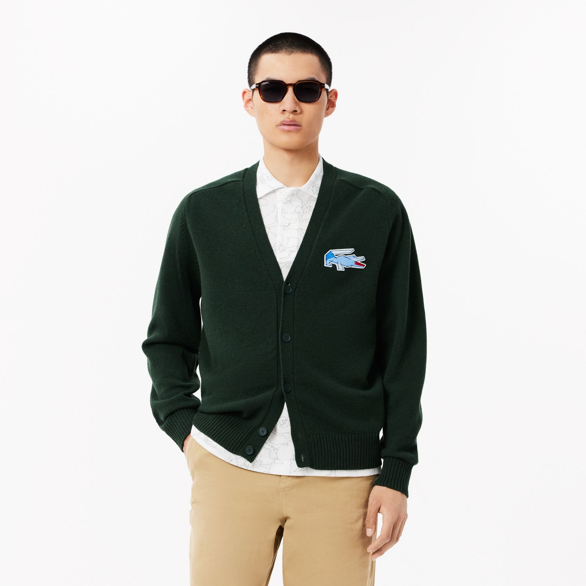 Lacoste Wełniany Kardigan Męski Z Dekoltem V Classic Fit Ciemnozielony Zielony