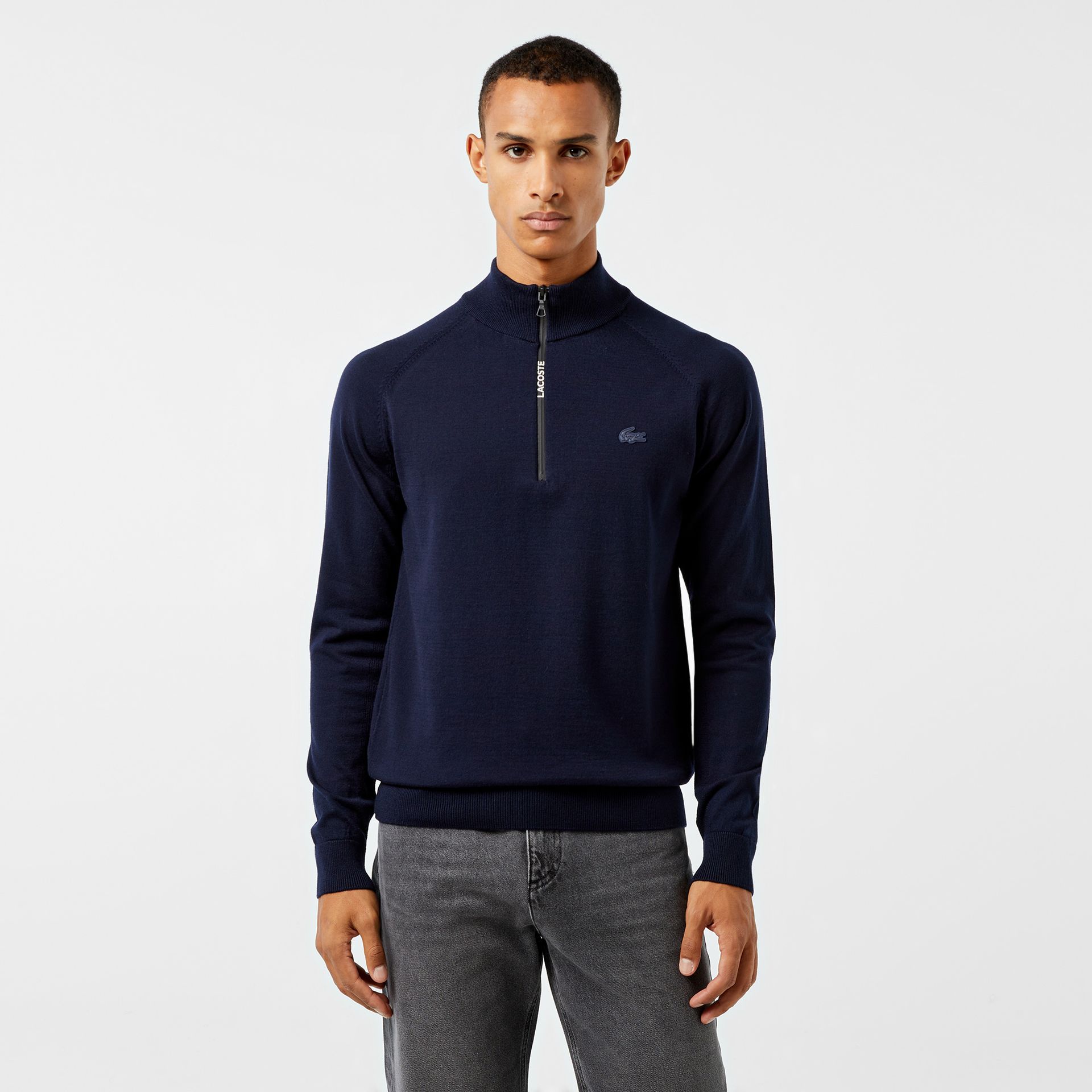 Lacoste Męski Sweter Dzianinowy Regular Fit Z Półzamkiem W Kolorze Granatowym