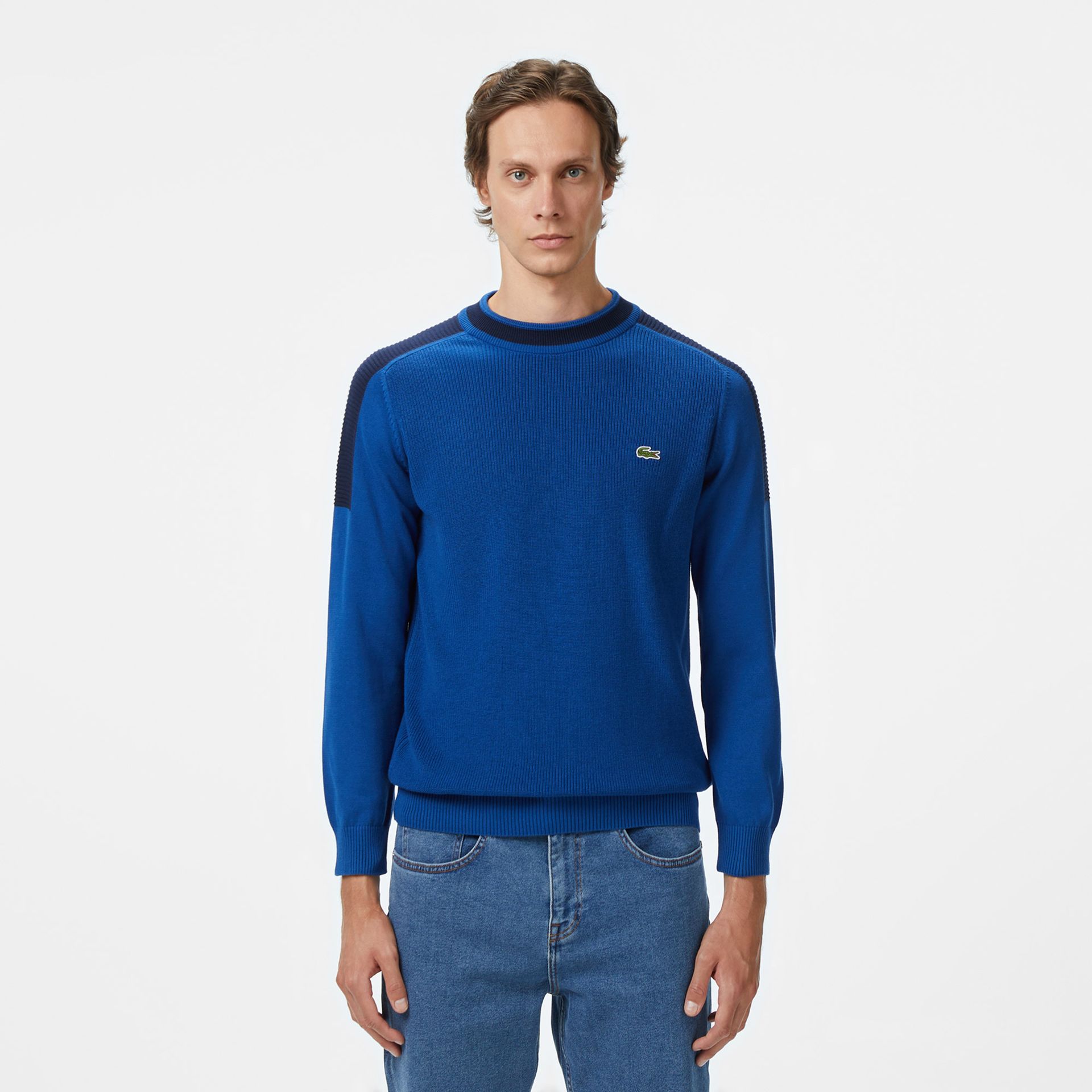 Lacoste Sweter Męski Z Okrągłym Dekoltem Z Blokadą Koloru Classic Fit Niebieski Niebieski