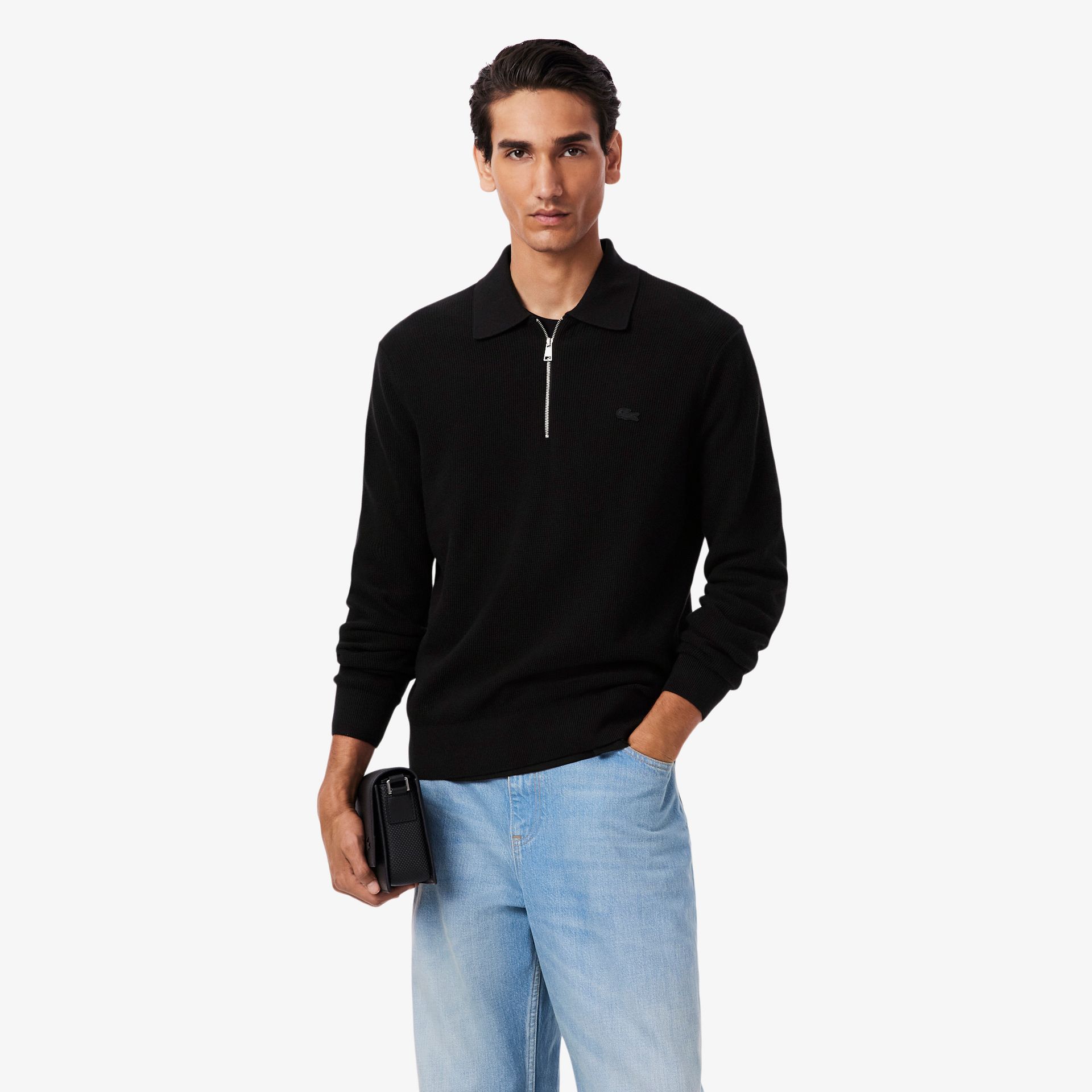 Lacoste Męski Sweter Z Kołnierzem Polo Z Mieszanki Bawełny I Wełny Czarny