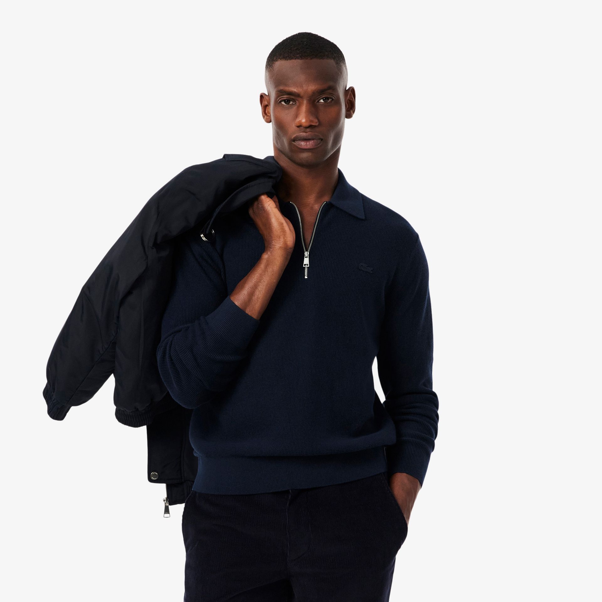 Lacoste Męski Sweter Z Kołnierzem Polo Z Mieszanki Bawełny I Wełny Granatowy