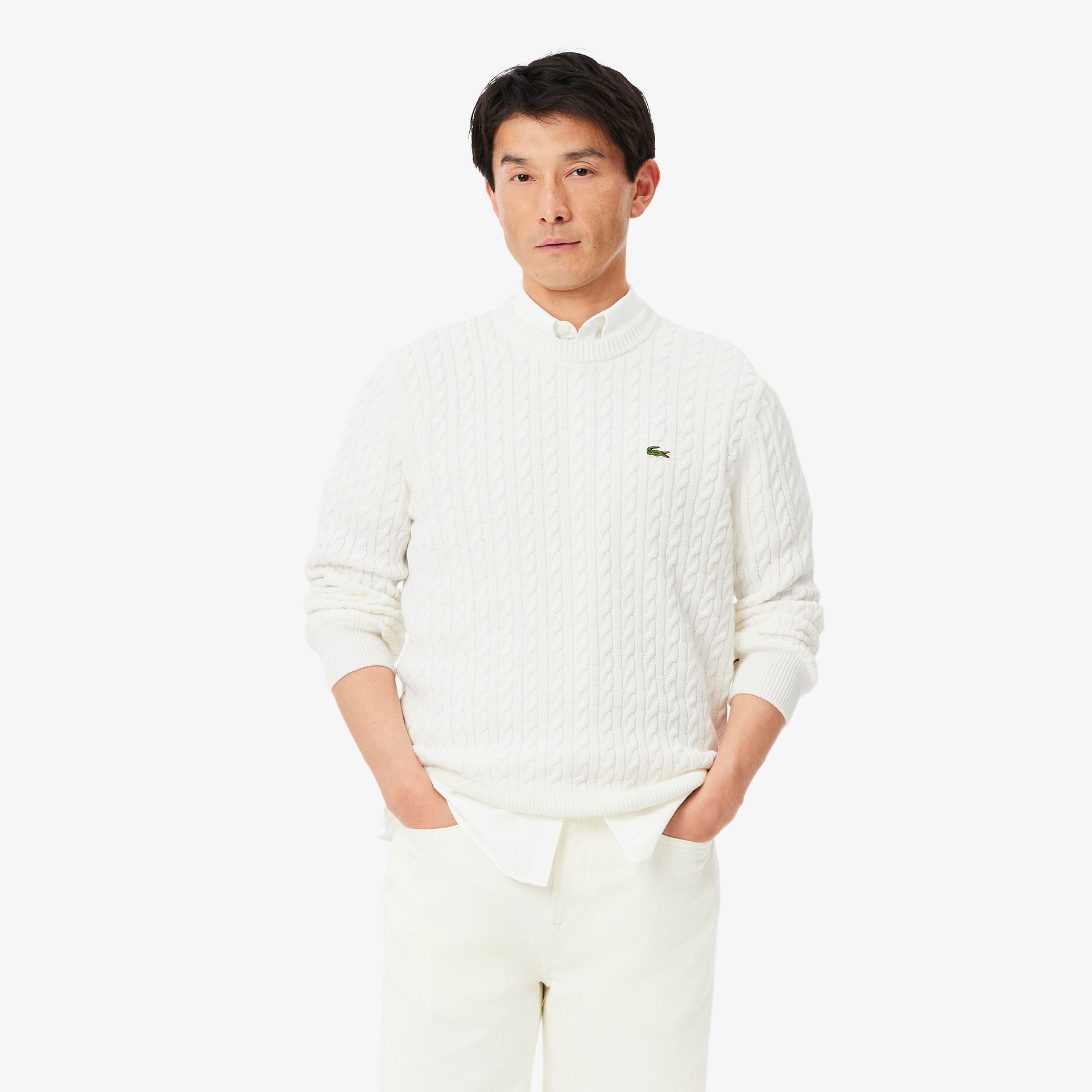 Lacoste Sweter Bawełniany O Splocie Warkoczowym Męskie Kremowy