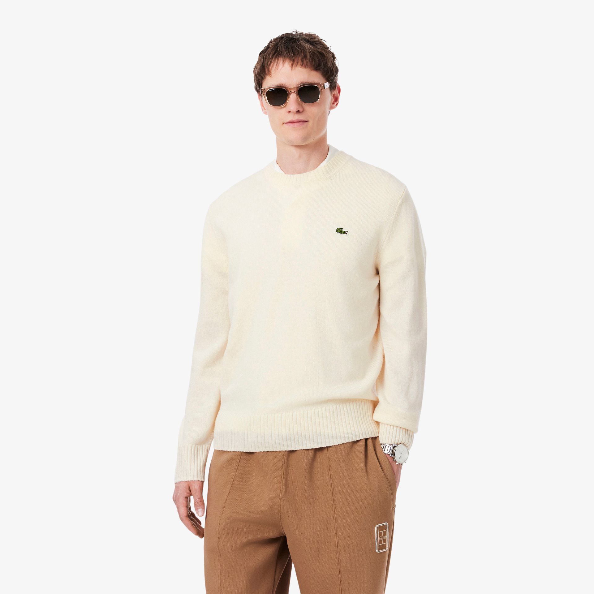 Lacoste Męski Wełniany Sweter Z Okrągłym Kolnierzykiem Ecru Biały