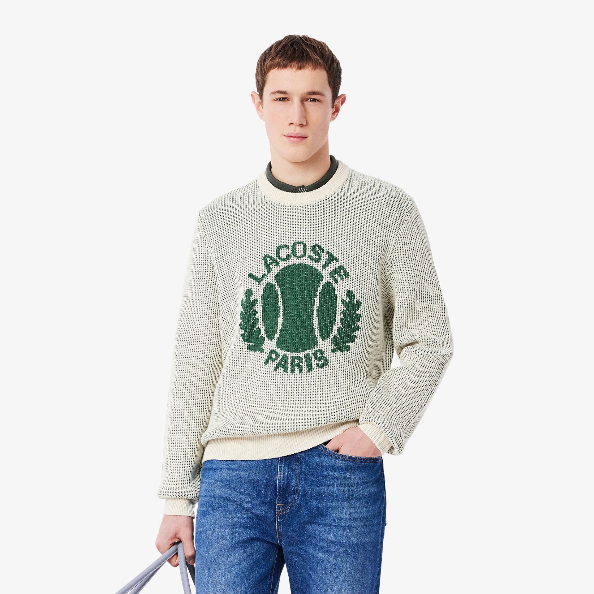 Lacoste Sweter Męski Z Okrągłym Dekoltem Ze Wzorem Classic Fit Kremowy Kremowy