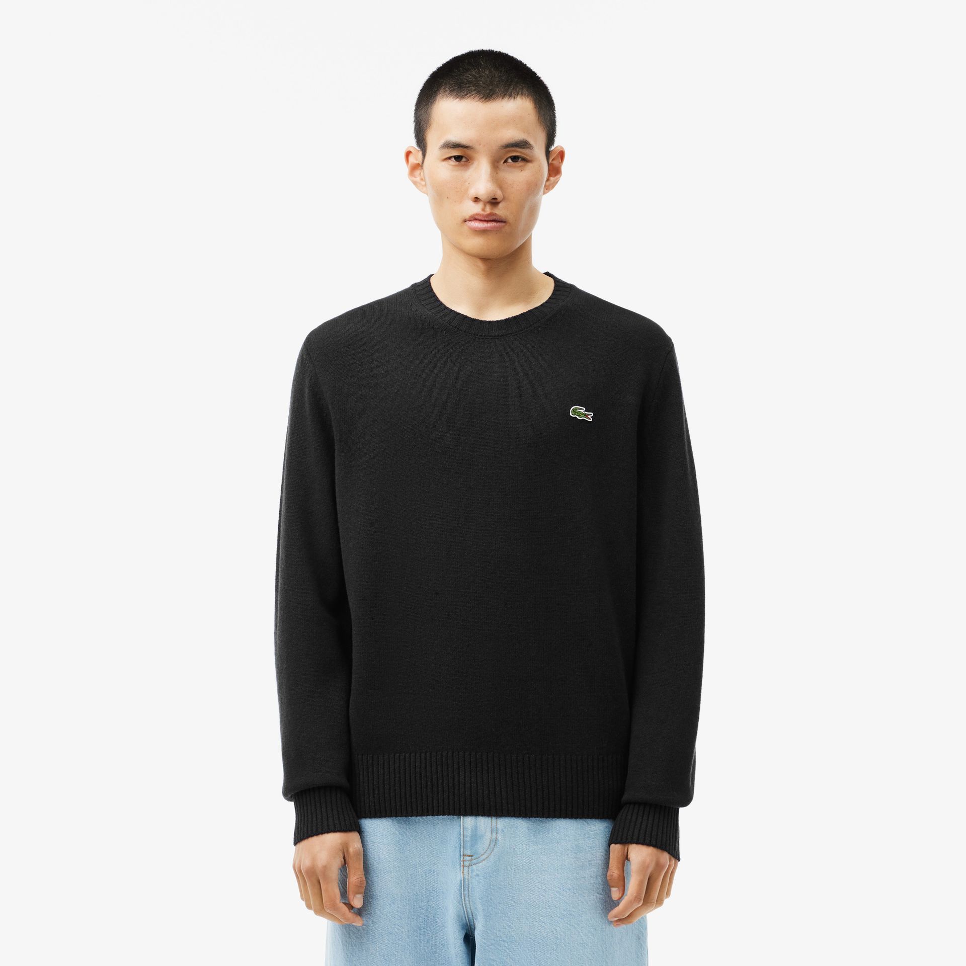 Lacoste Męski Wełniany Sweter Z Okrągłym Kolnierzykiem Czarny Czarny