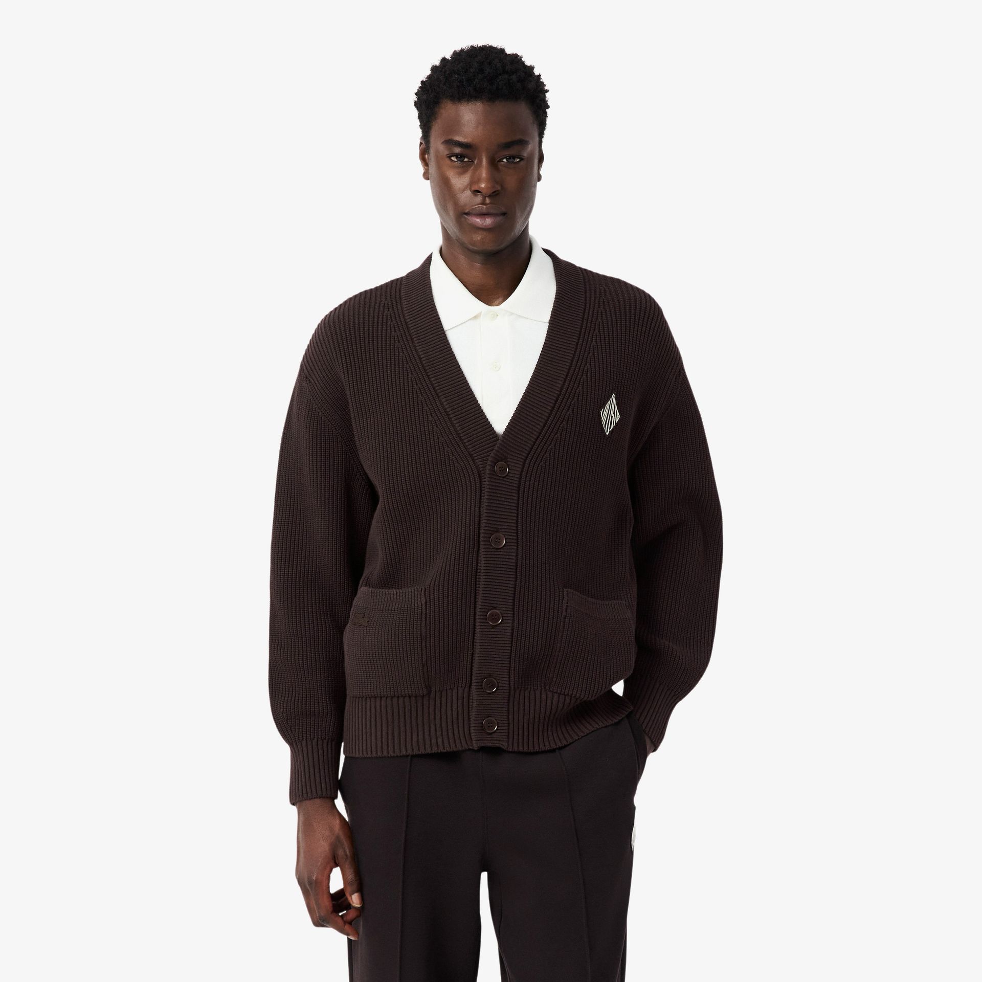 Lacoste Kardigan Męski Z Dekoltem V Relaxed Fit Ciemnobrązowy Brązowy