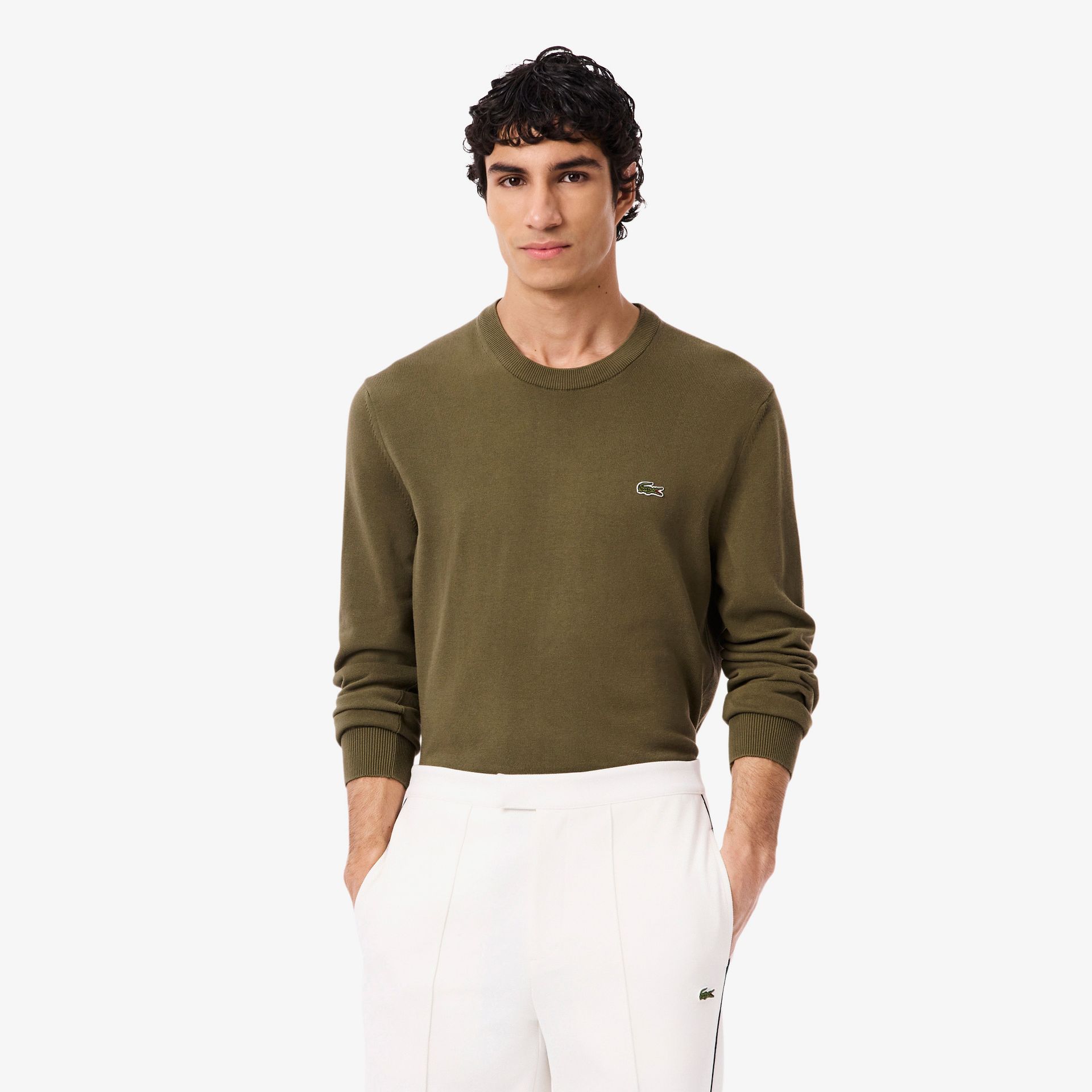 Lacoste Bawełniany Organiczny Sweter Męski Z Okrągłym Dekoltem Regular Fit Khaki Zielony