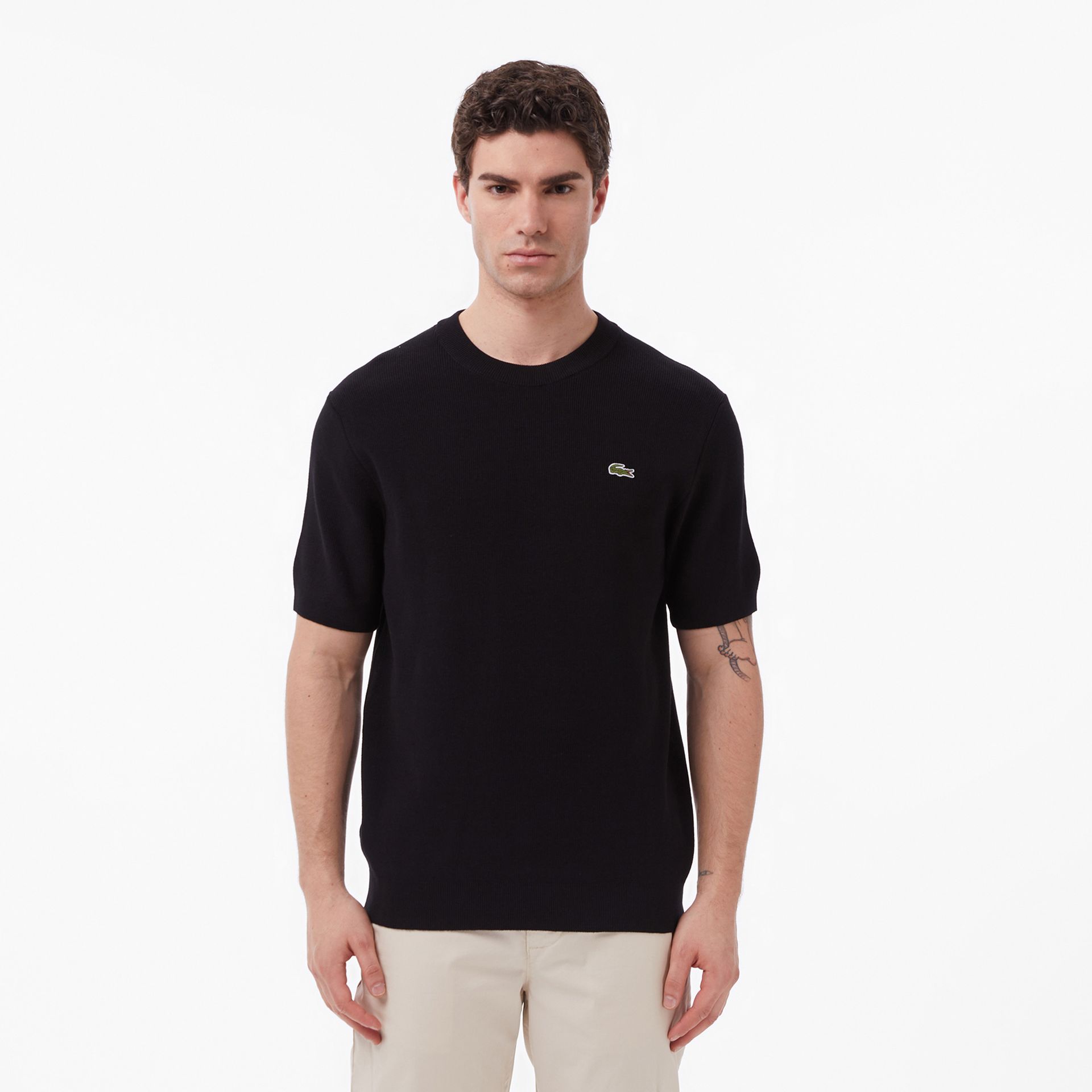 Lacoste Sweter Męski Z Okrągłym Dekoltem Z Krótkim Rękawem Classic Fit Czarny Czarny