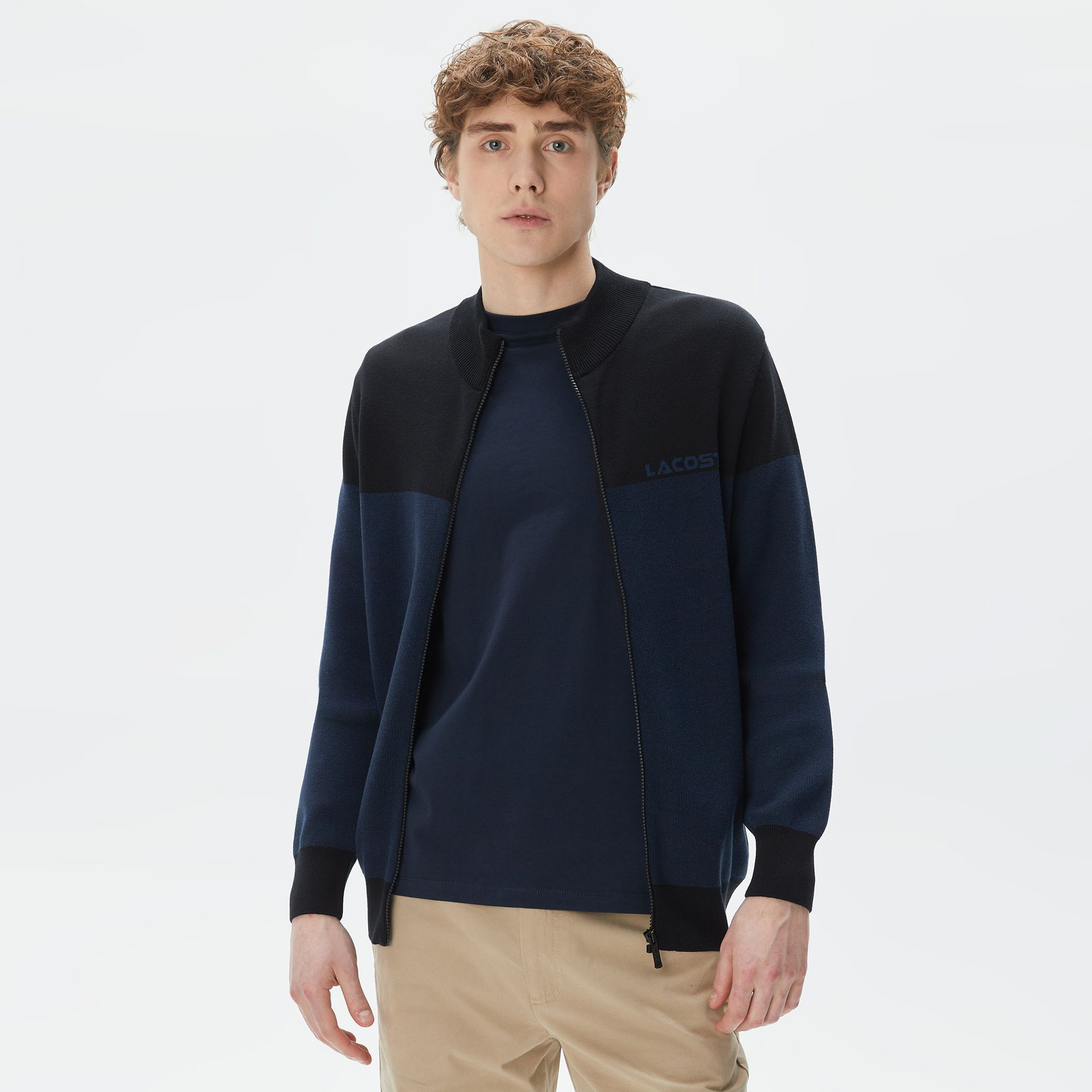 Lacoste Sweter Męski Ze Stójką Z Długim Rękawem Z Blokadą Koloru Regular Fit Czarny Czarny