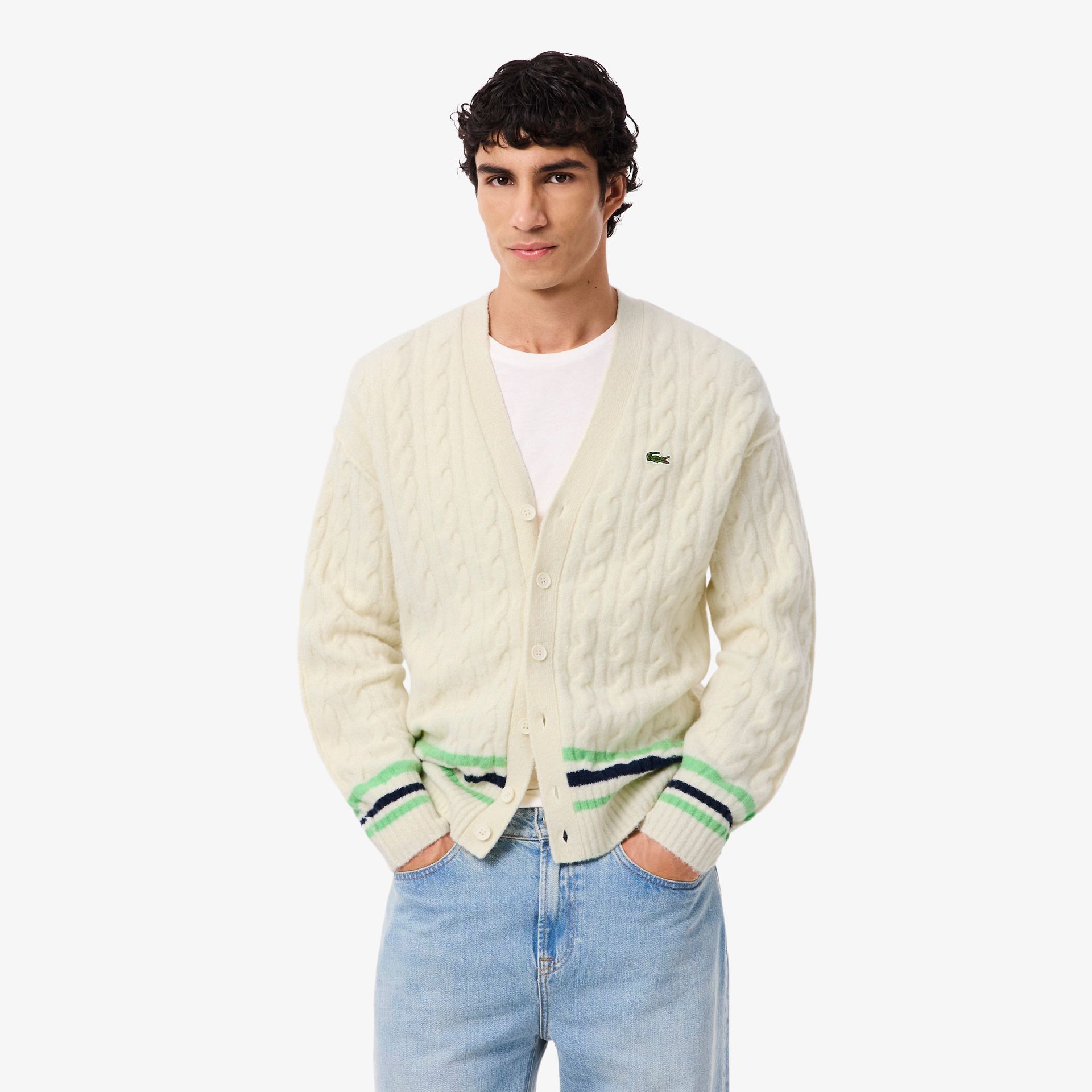 Lacoste Wełniany Kardigan Z Warkoczowym Splotem Męskie Biały