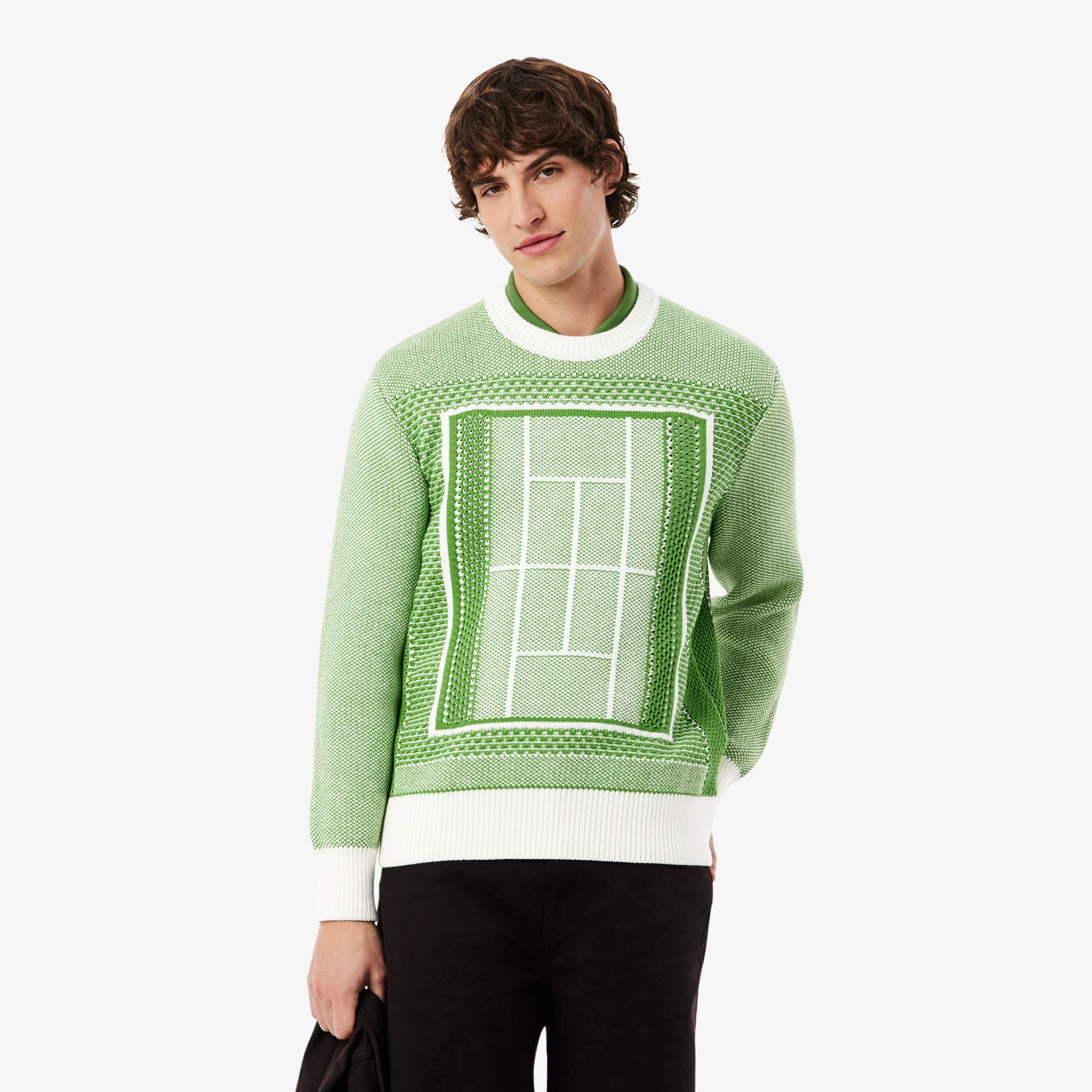 Lacoste Sweter Męski Z Okrągłym Dekoltem Ze Wzorem Classic Fit Zielony Zielony