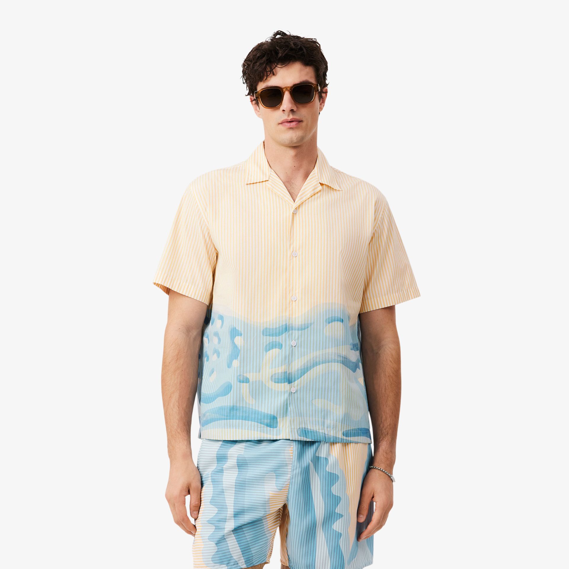 Lacoste Koszula Męska Z Krótkim Rękawem W Paski Relaxed Fit Beżowa Beżowy