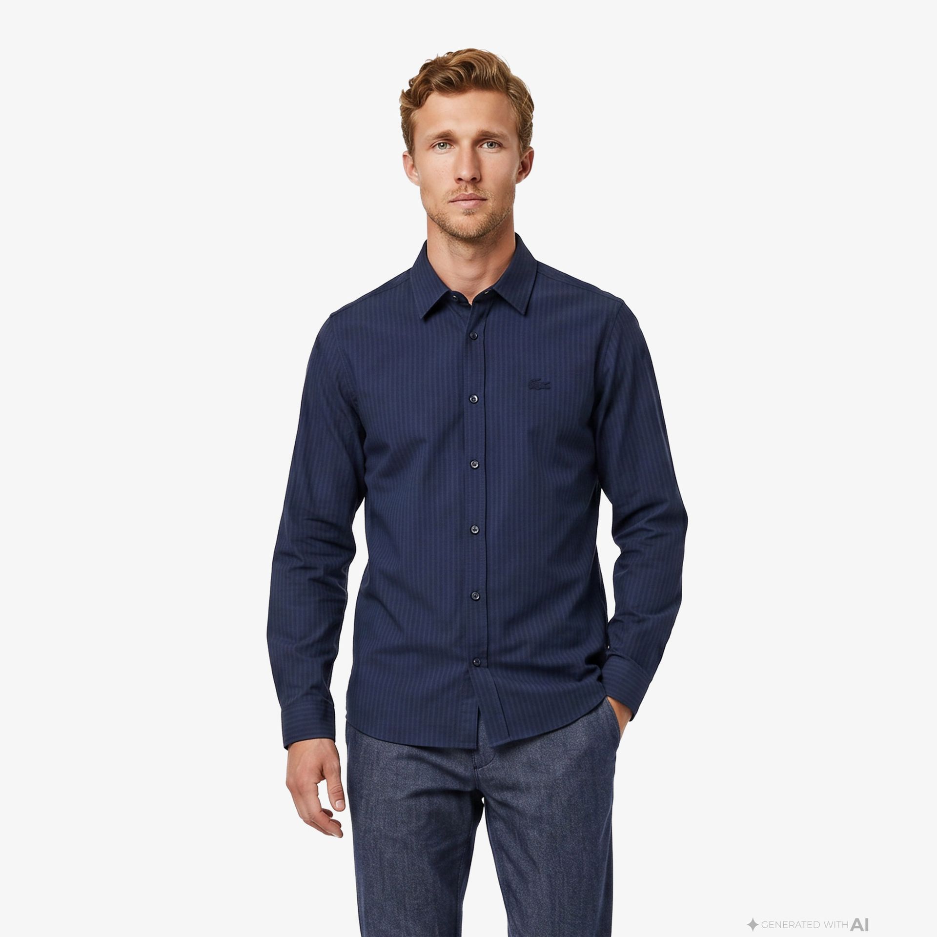 Lacoste Koszula Męska Button-Down W Paski Regular Fit Granatowa Granatowy