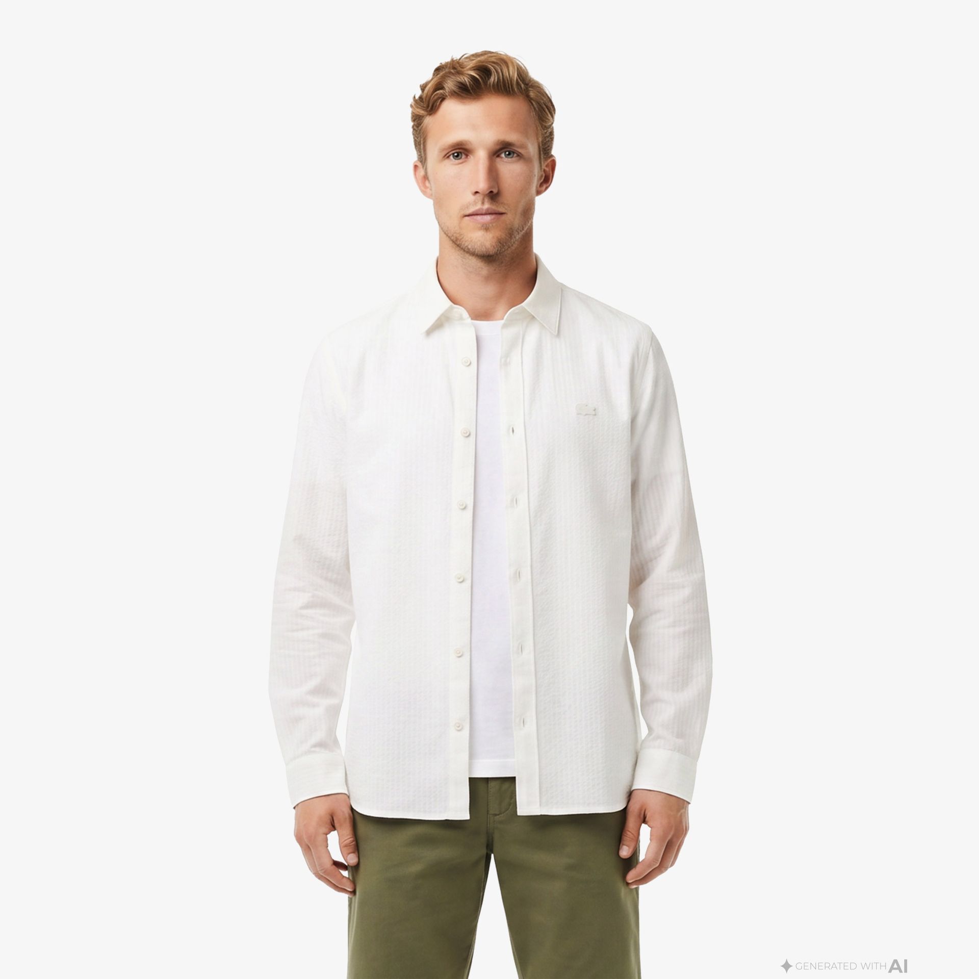 Lacoste Koszula Męska Button-Down W Paski Regular Fit Biała Biały