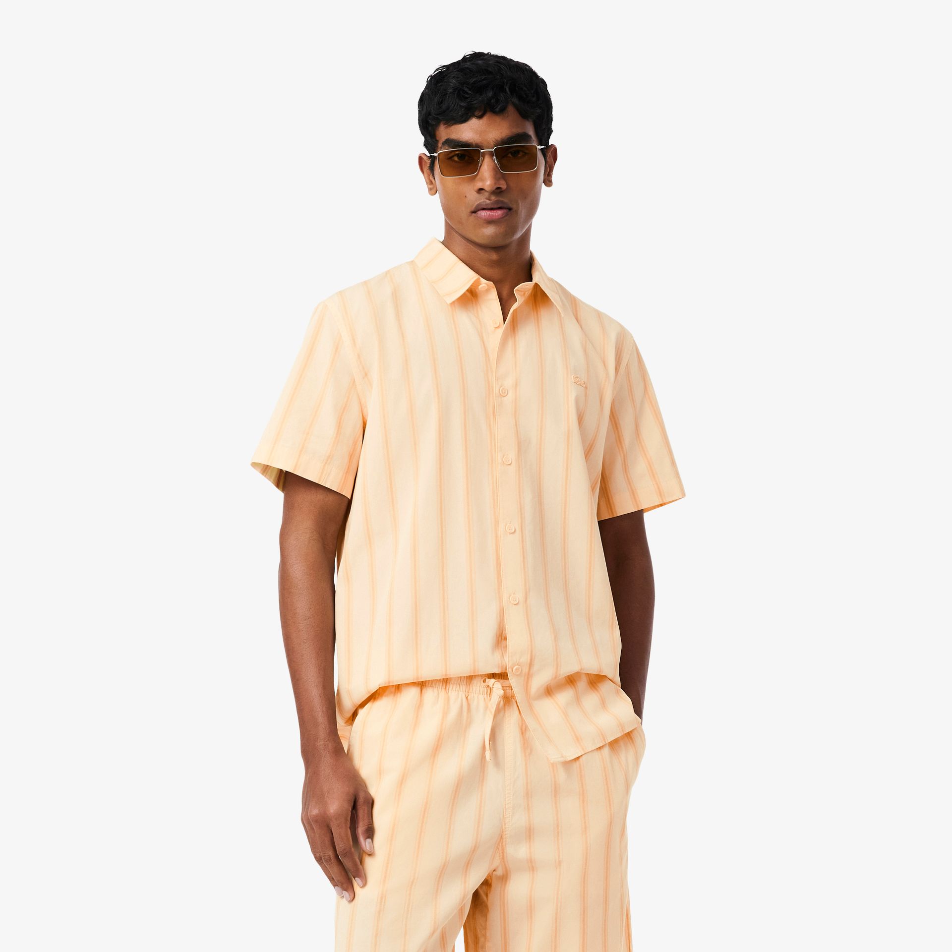 Lacoste Koszula Męska Z Krótkim Rękawem W Paski Regular Fit Pomarańczowa Pomarańczowy