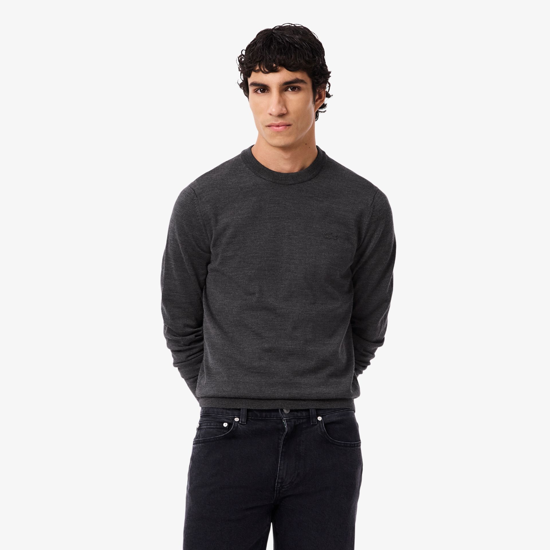 Lacoste Sweter Z Okrągłym Dekoltem Z Wełny Merynosów Męskie Szary