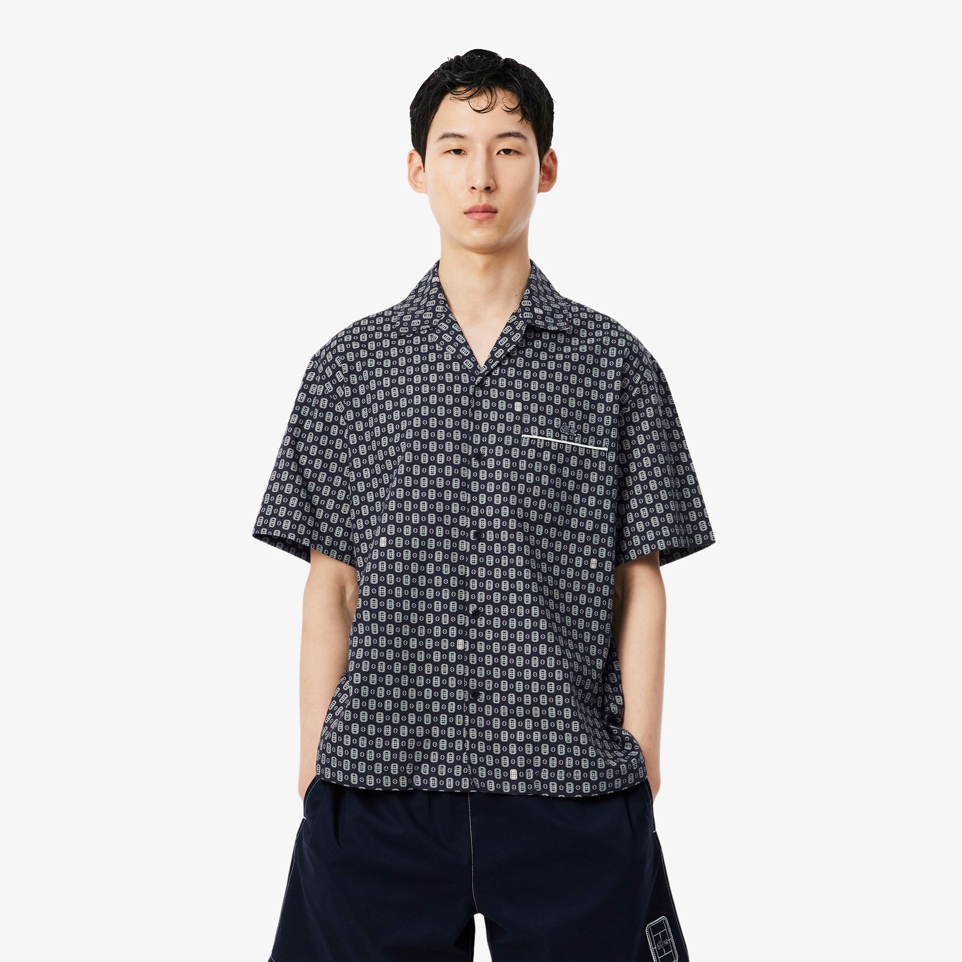 Lacoste Koszula Z Nadrukiem Relaxed Fit Granatowa Męskie Granatowy