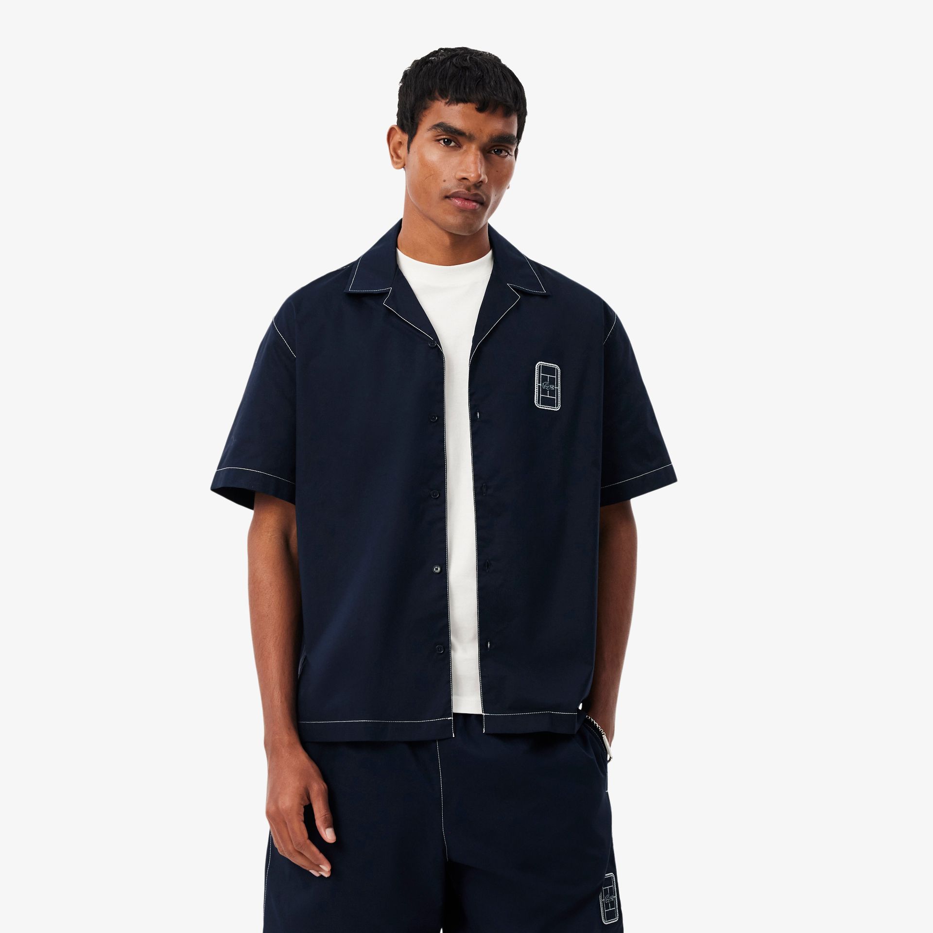 Lacoste Bawełniana Koszula Z Krótkim Rękawem Relaxed Fit Granatowa Męskie Granatowy