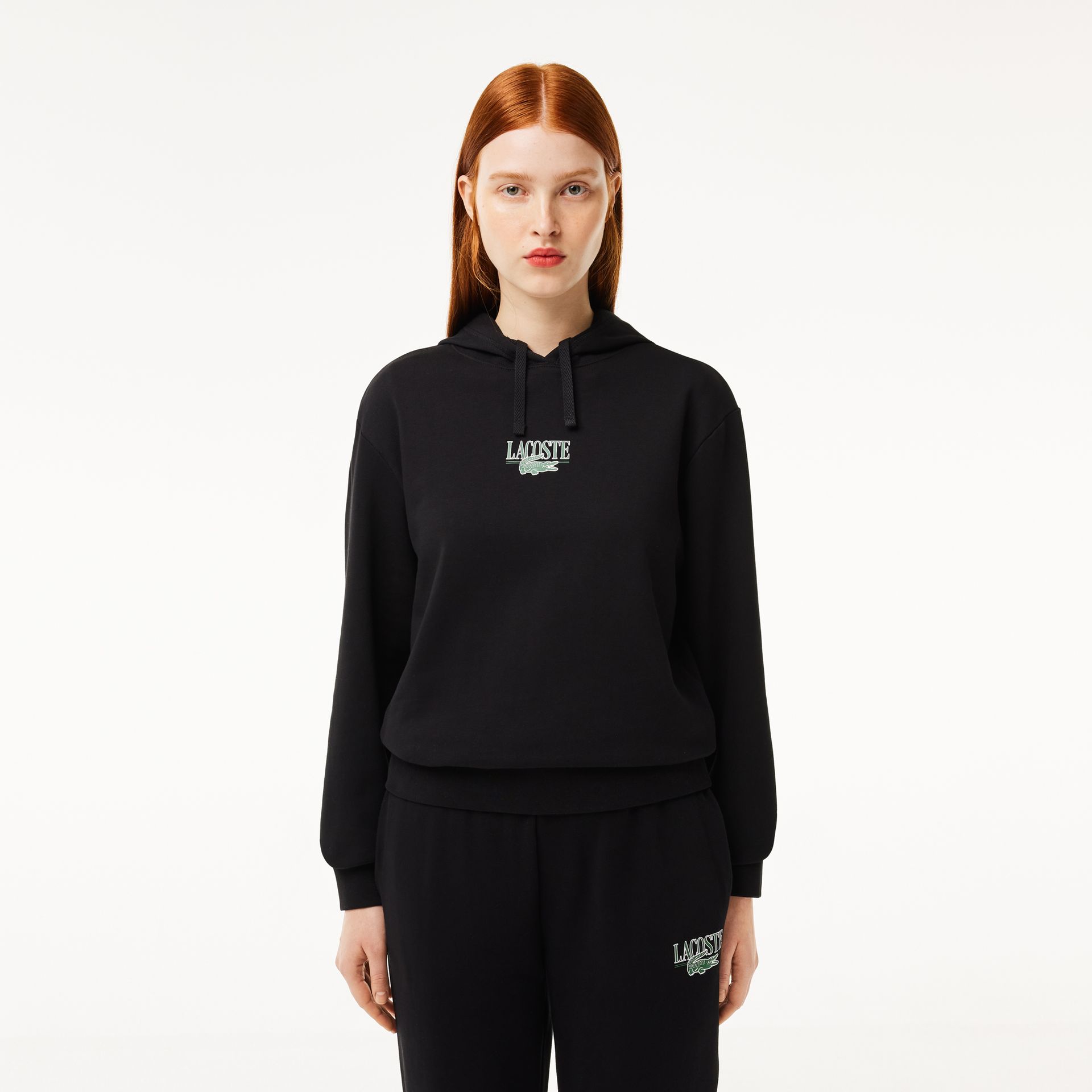 Lacoste Bluza Damska Z Kapturem Z Nadrukiem Czarna Czarny