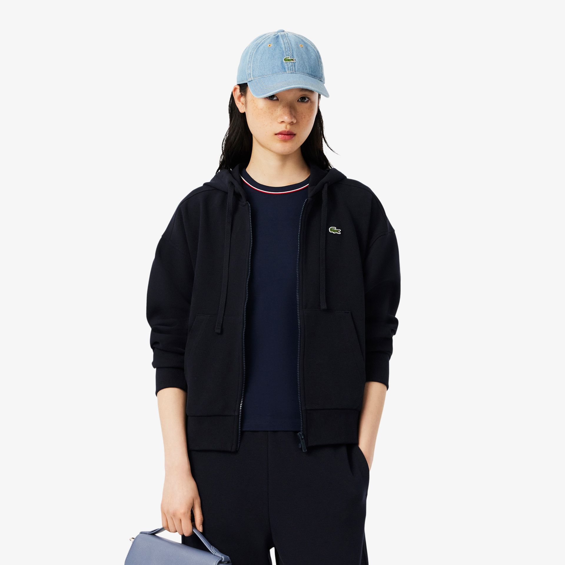 Lacoste Bluza Z Kapturem Z Piki Na Zamek Granatowa