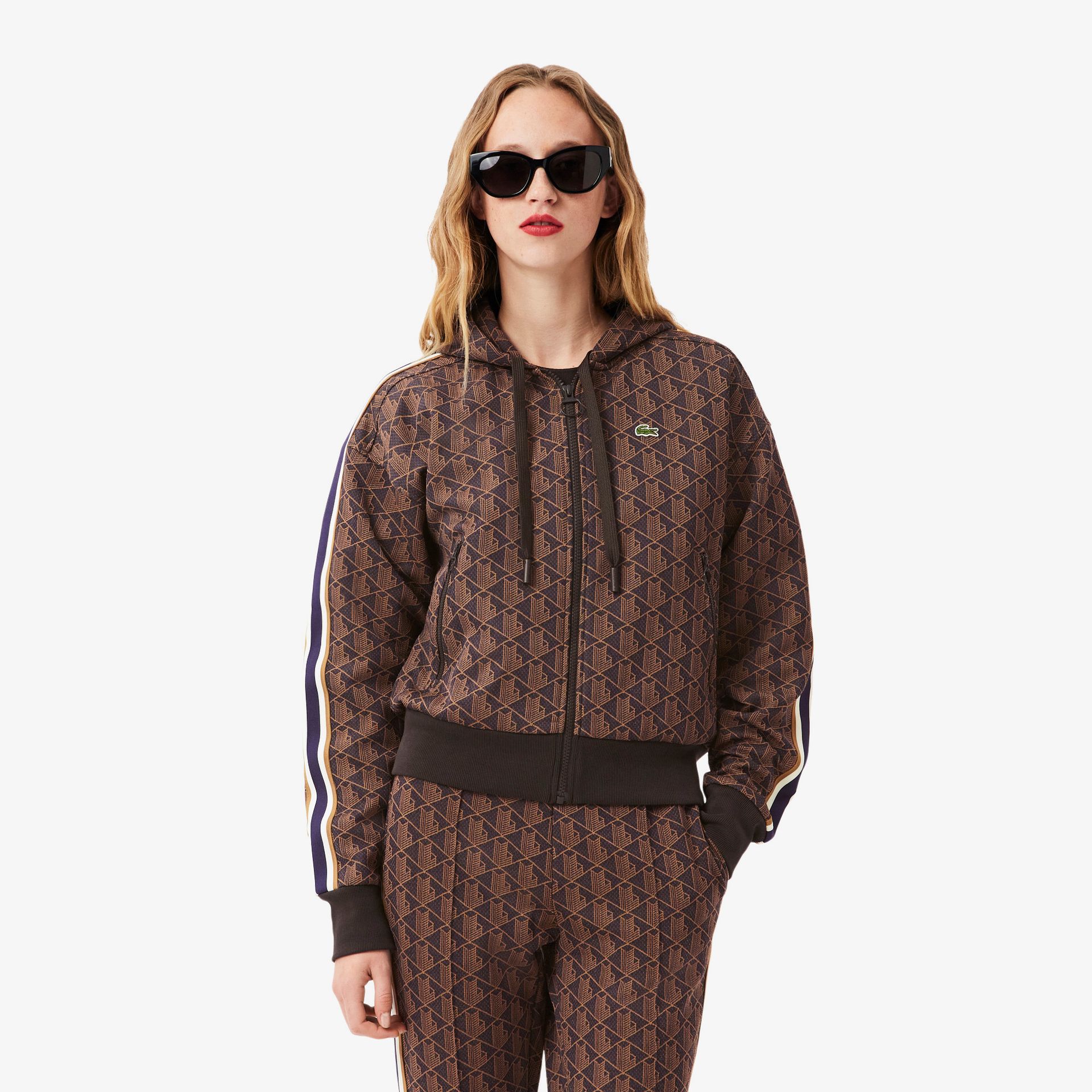 Lacoste Bluza Damska Z Kapturem Z Monogramem Regular Fit Brązowa Brązowy