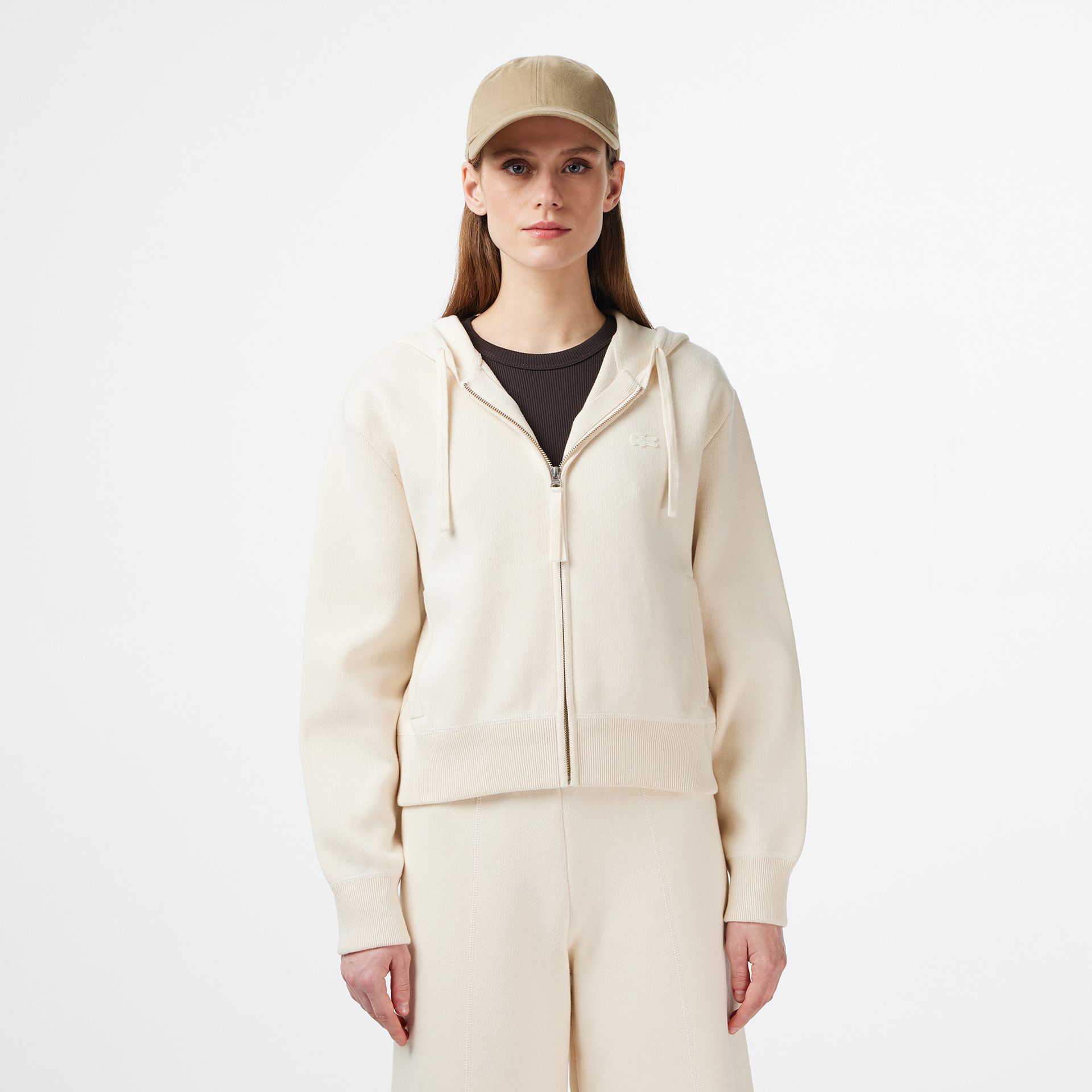 Lacoste Kardigan Damski Z Kapturem Classic Fit Kremowy Kremowy