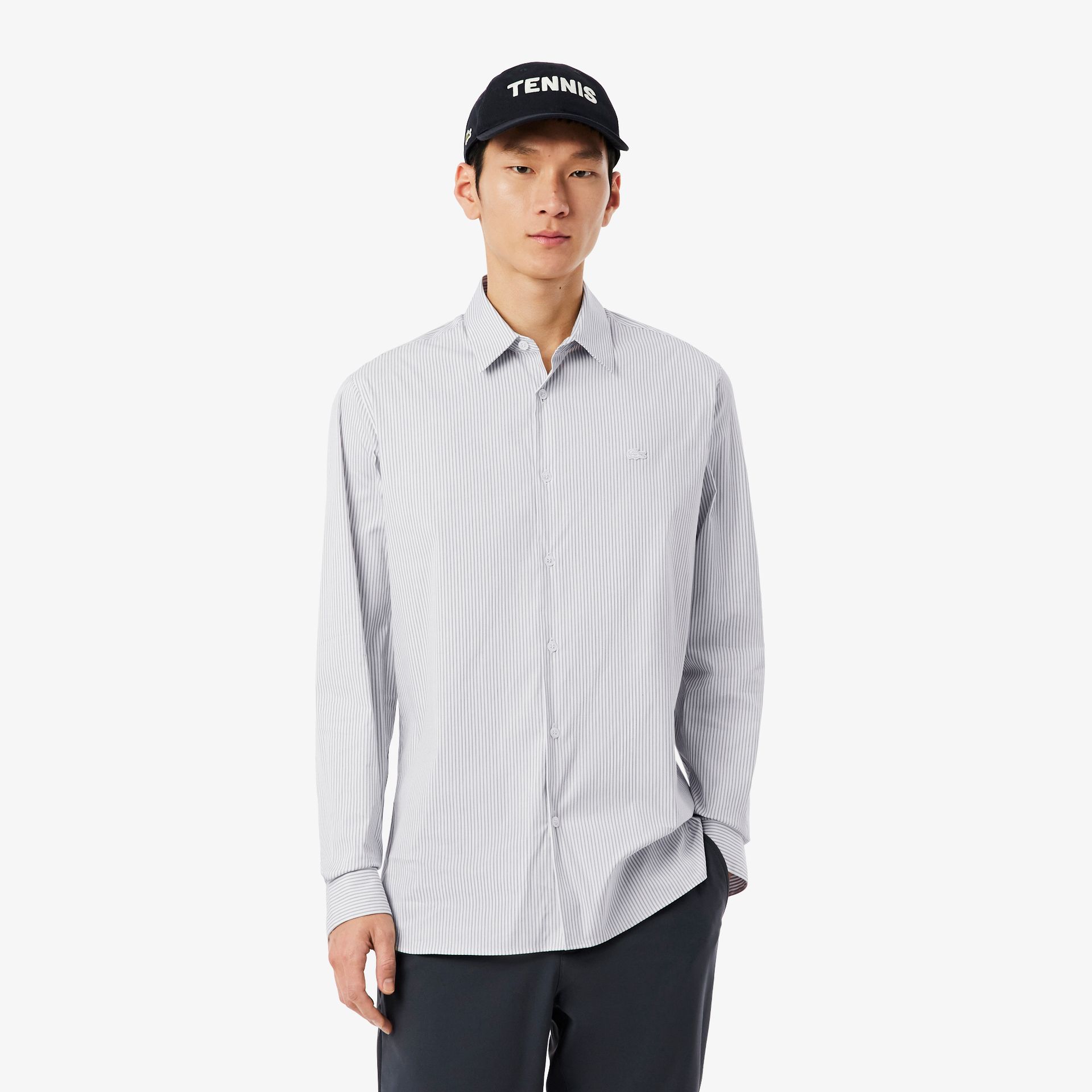 Lacoste Koszula Slim Fit W Paski Z Elastycznej Popeliny Męskie Biały